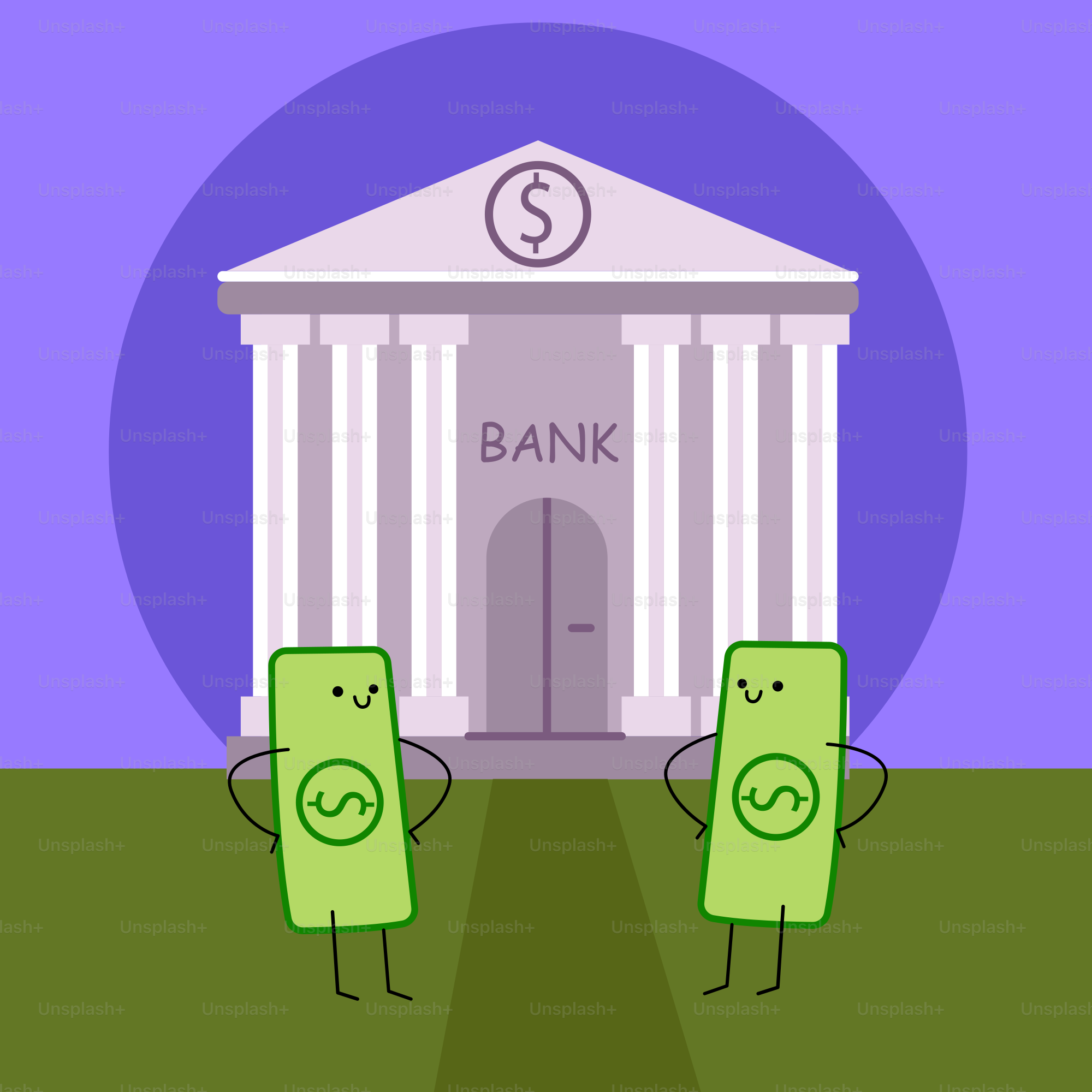 Bank building with two dollar bills standing