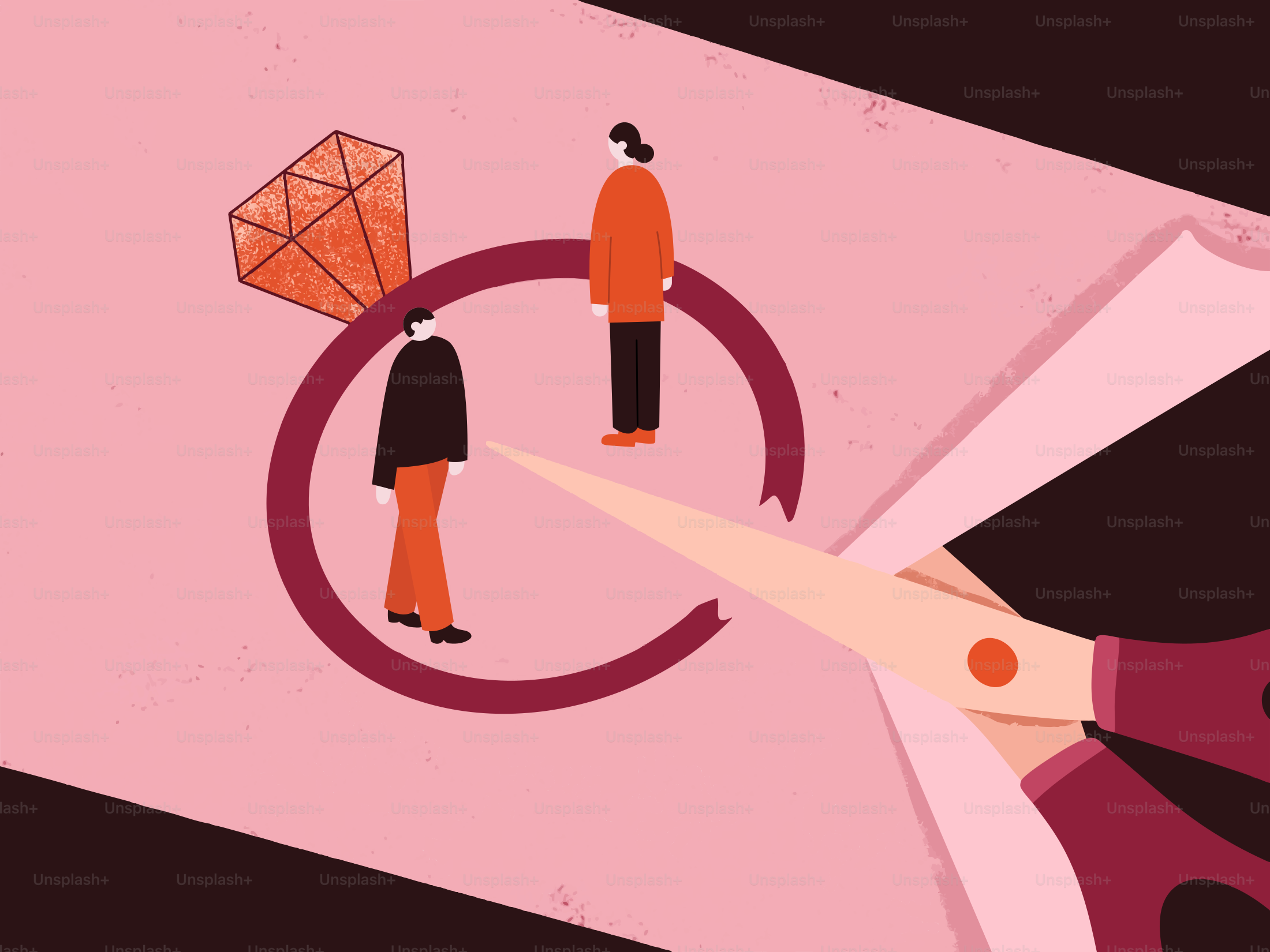 Two people stand in a circle with scissors about to cut.