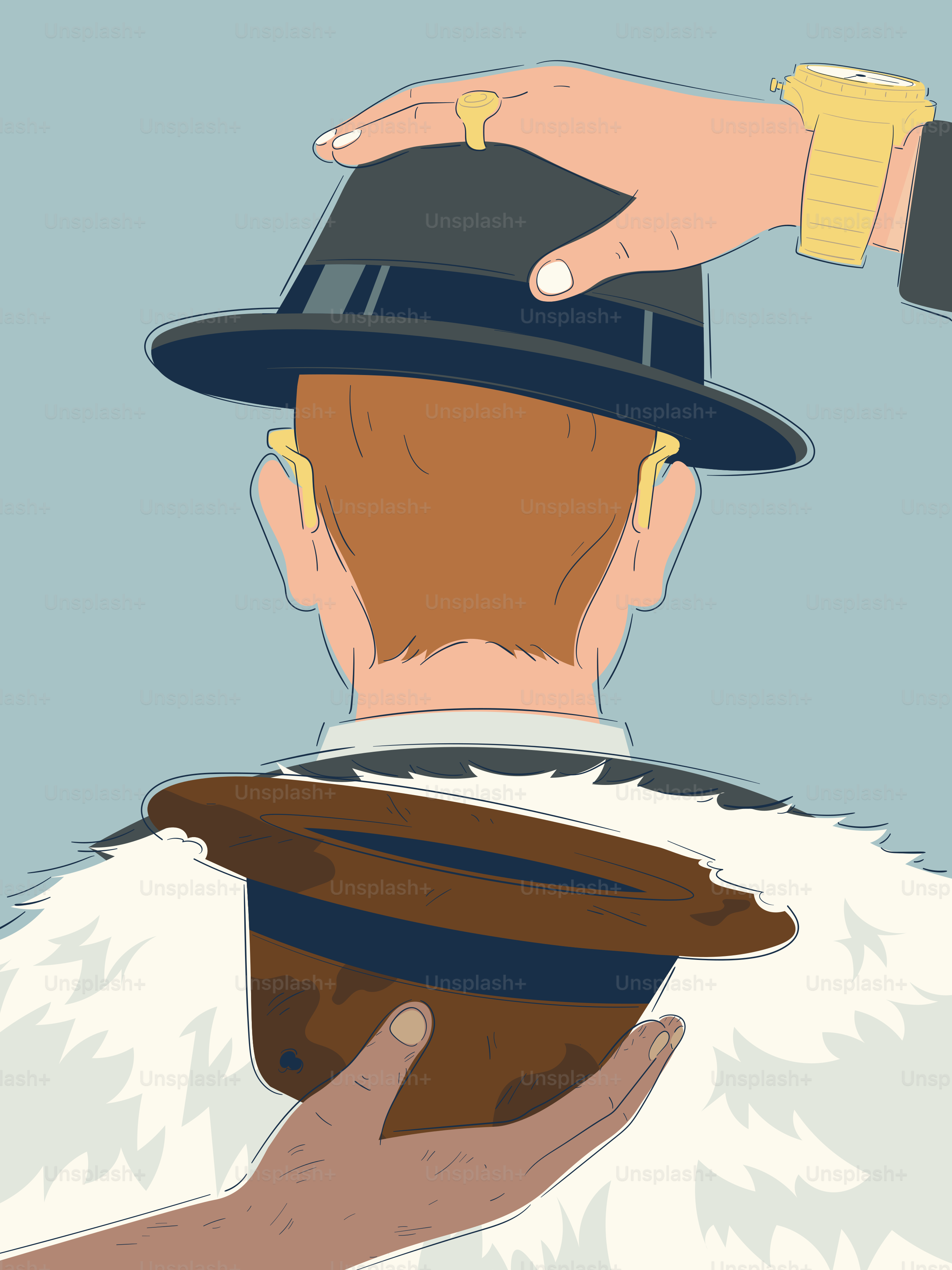 男の頭のフェドラ帽を直す手