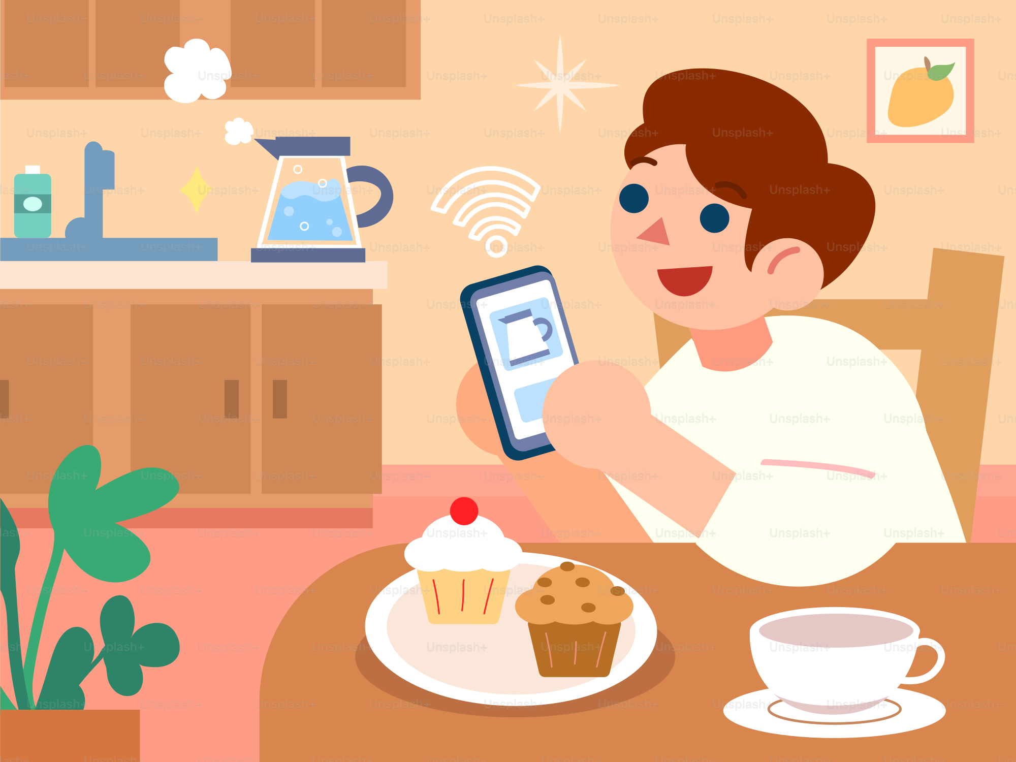 Un homme utilisant son smartphone pour contrôler une bouilloire intelligente au petit-déjeuner