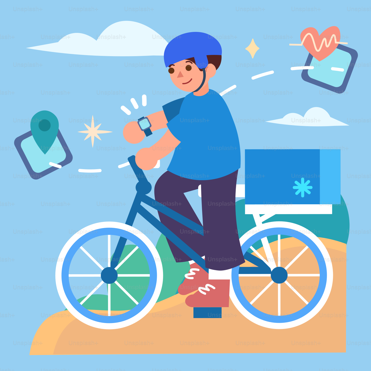 Man on bicycle with smartwatch and health icons.
