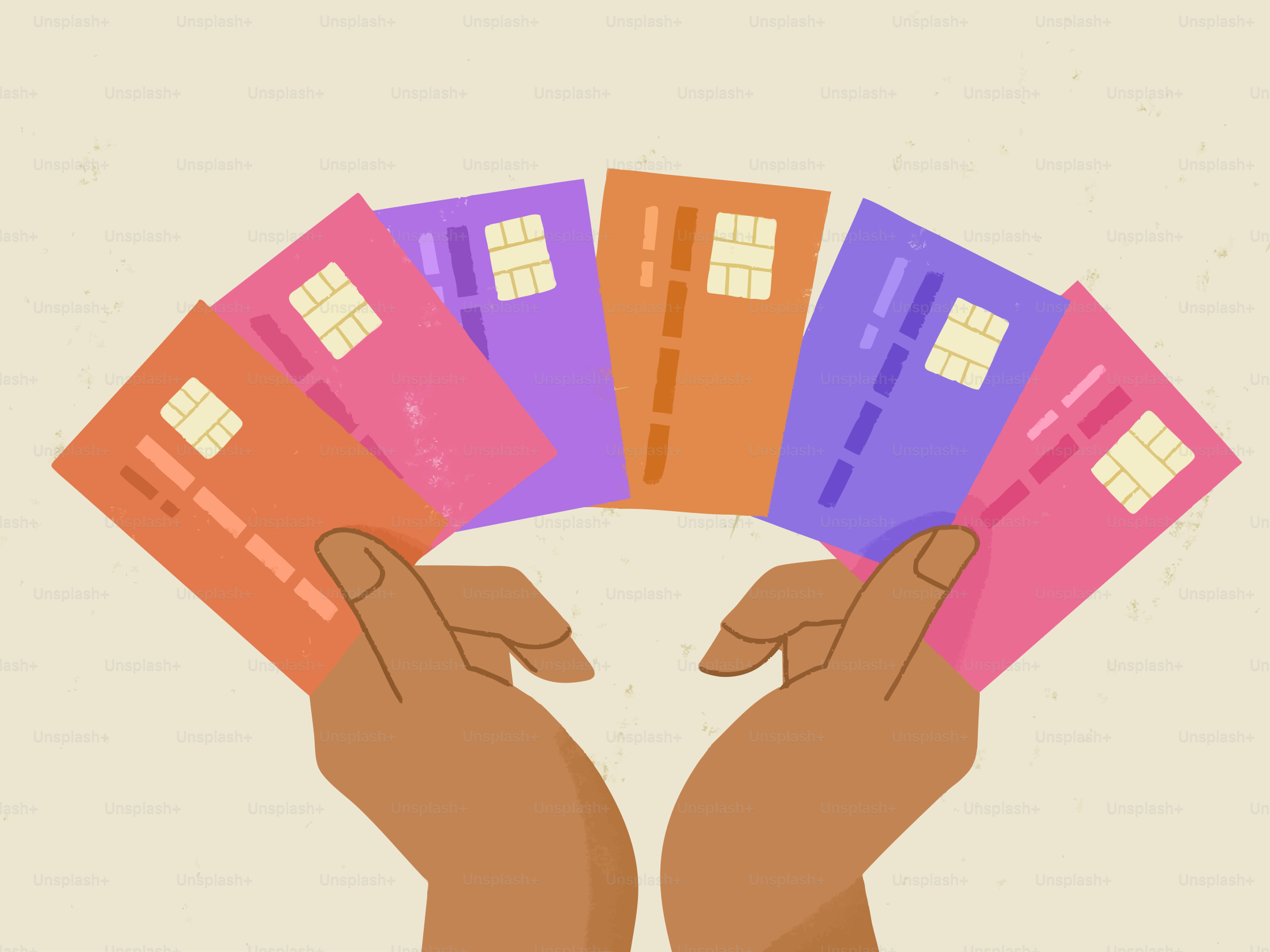 Des mains tenant des cartes de crédit colorées s’écartaient en éventail