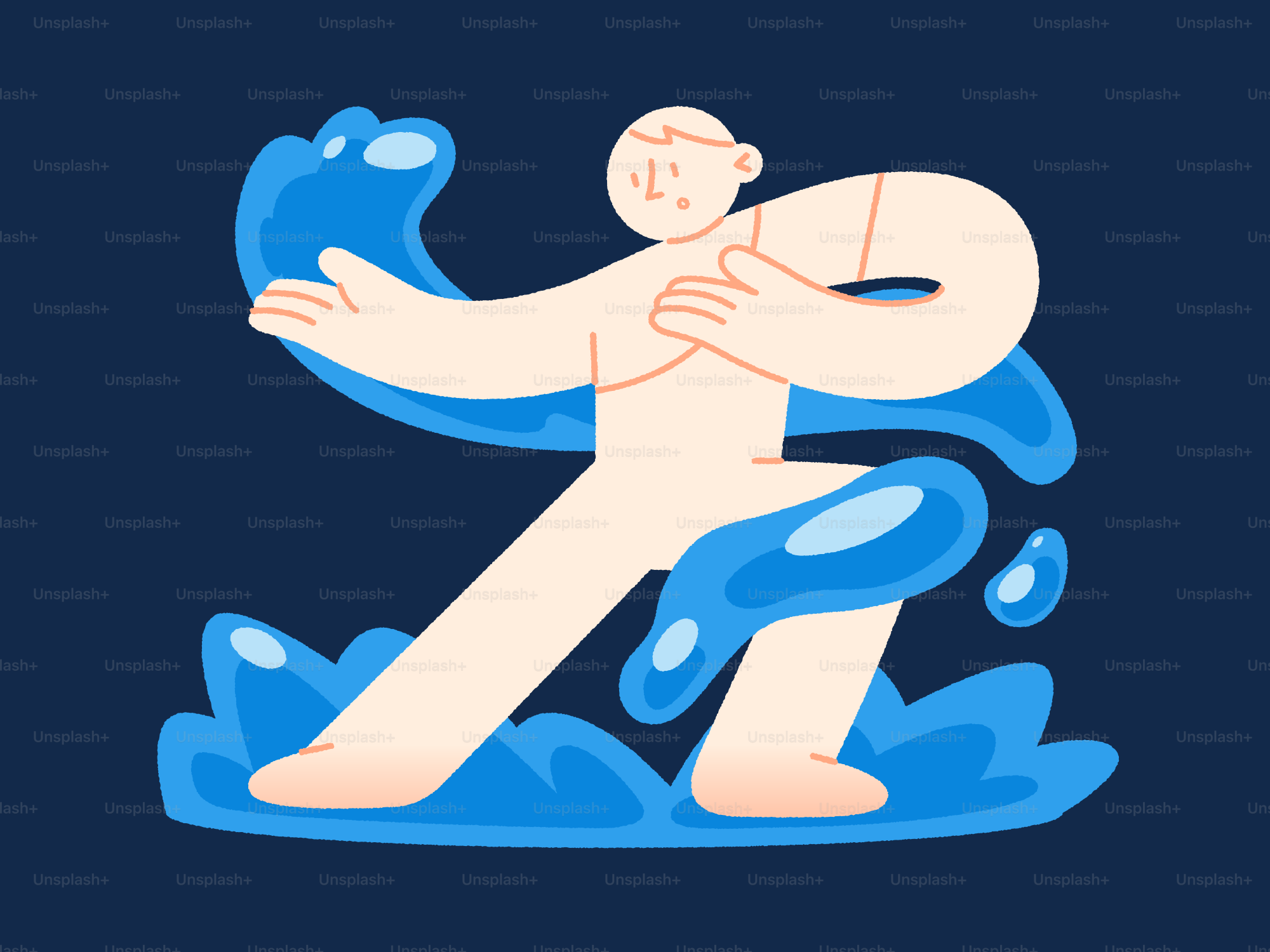Stylized person interacting with flowing blue water
