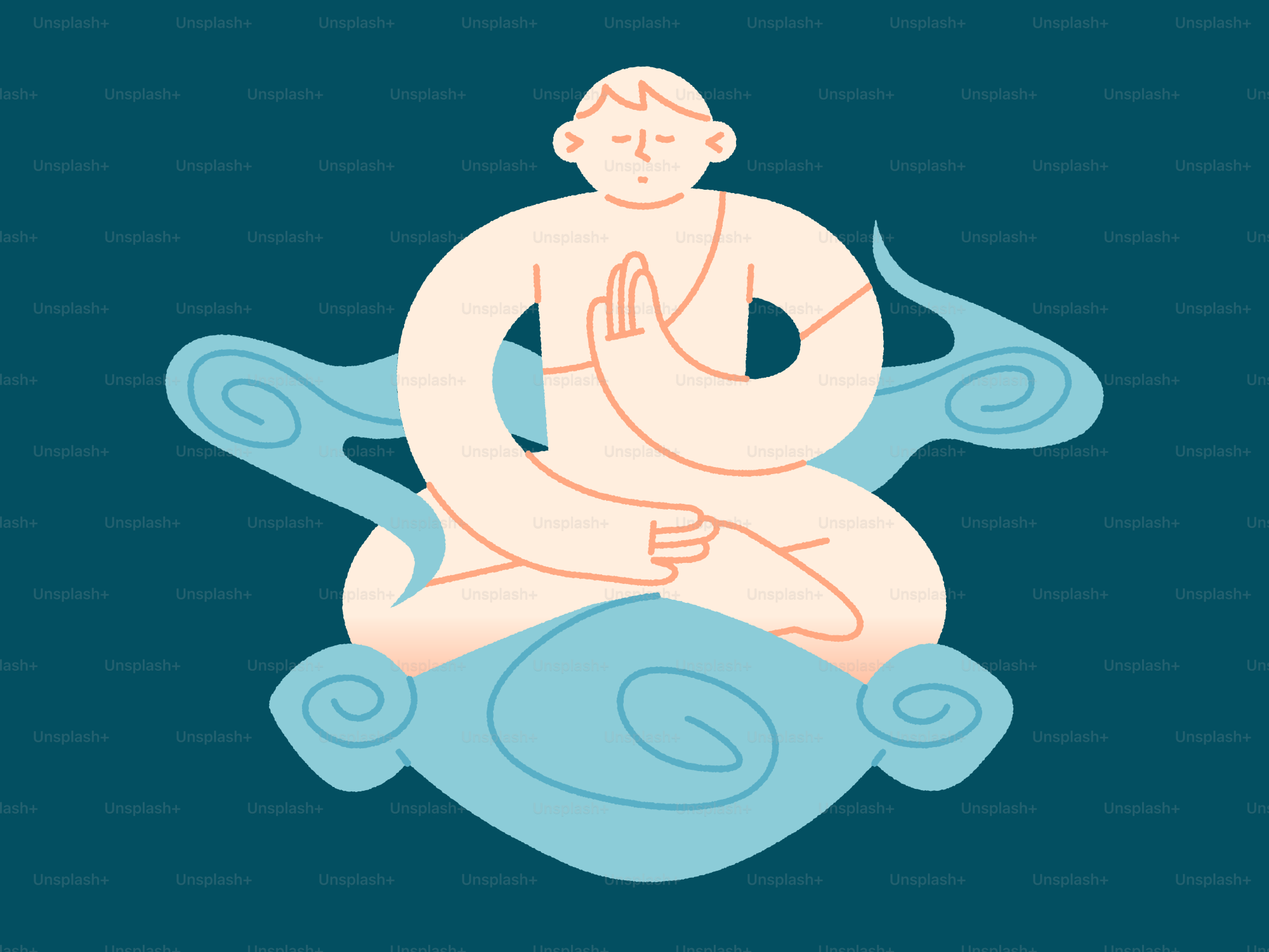 Person meditating peacefully on blue clouds