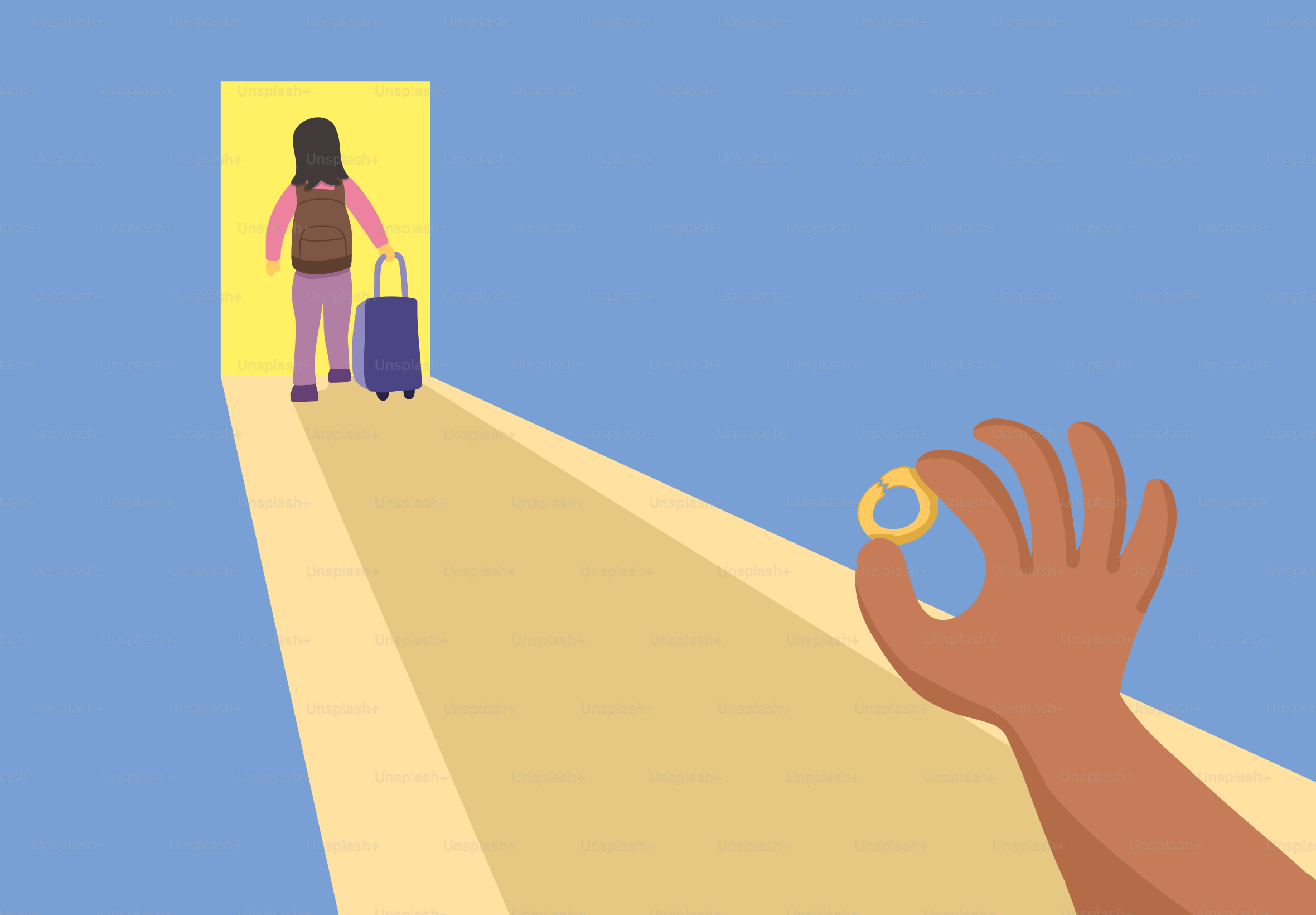 Pessoa com mala entra pela porta segurando um anel