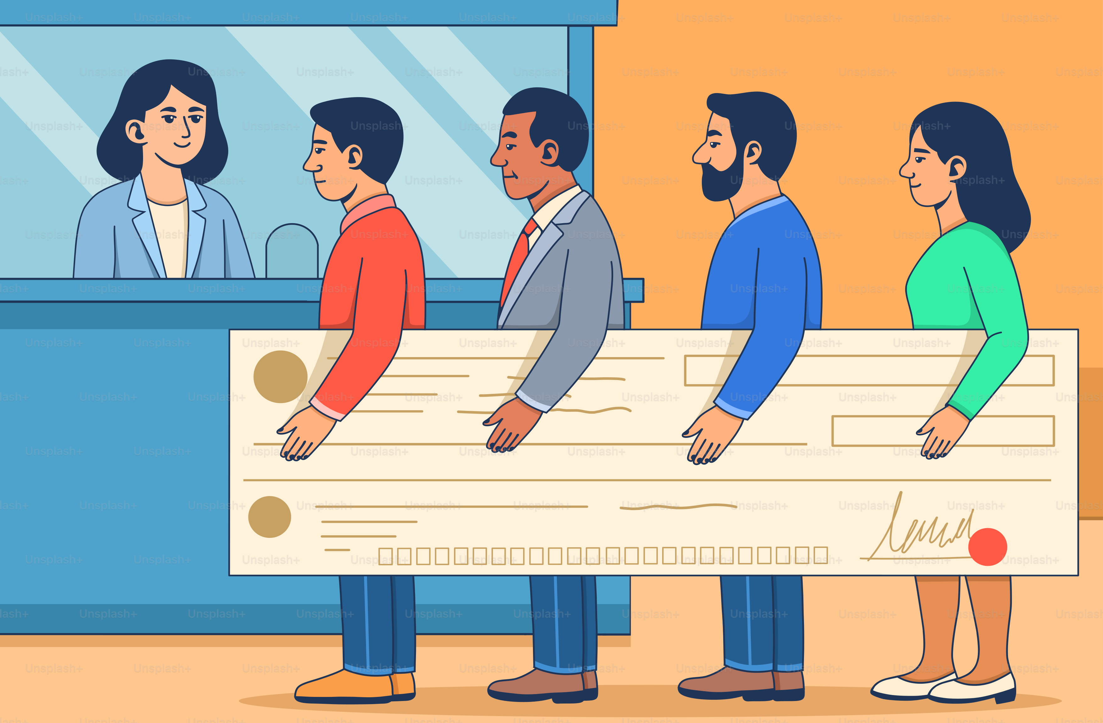 People in line holding a giant check at bank