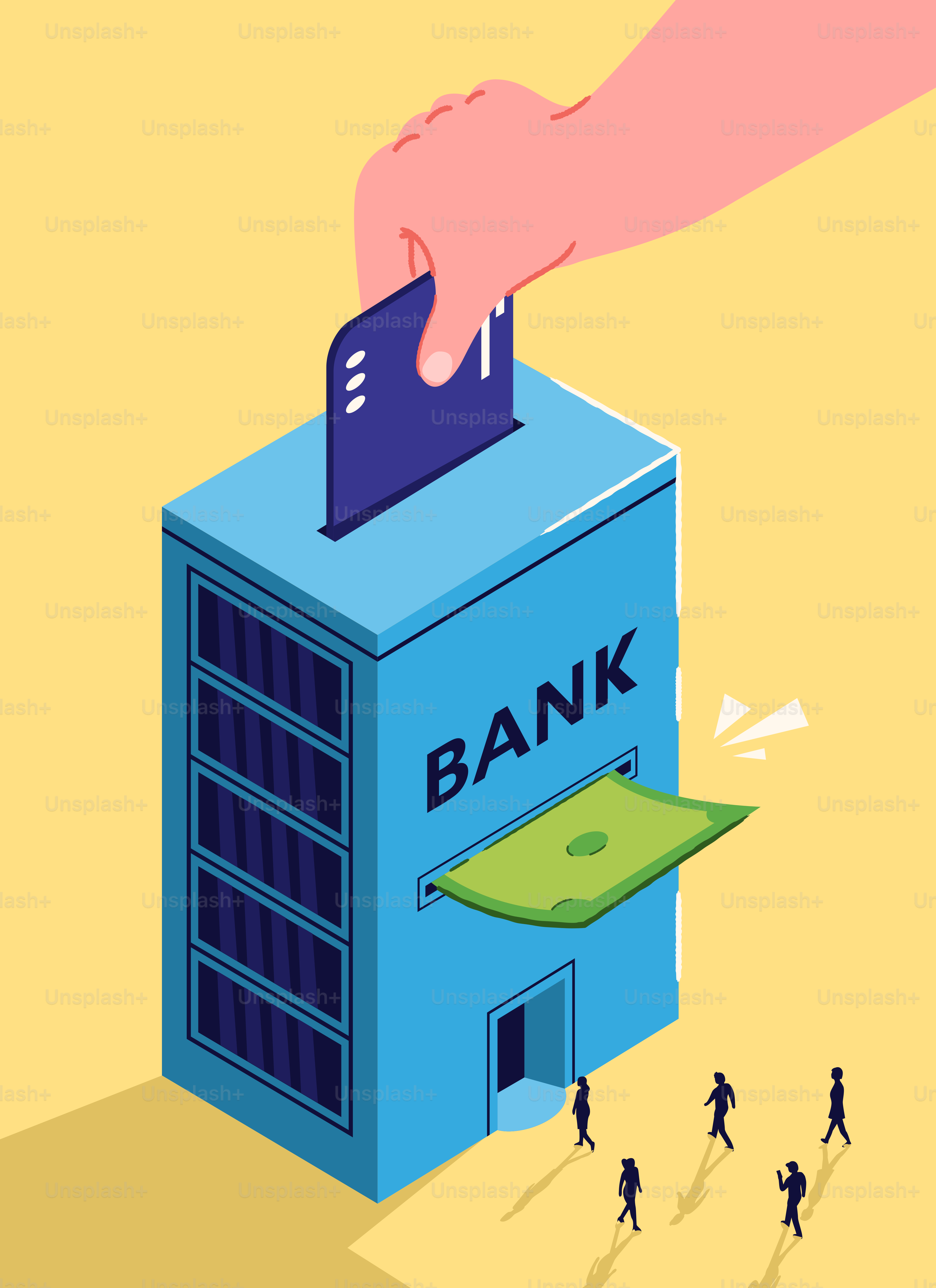 Hand inserts credit card into bank building receiving money