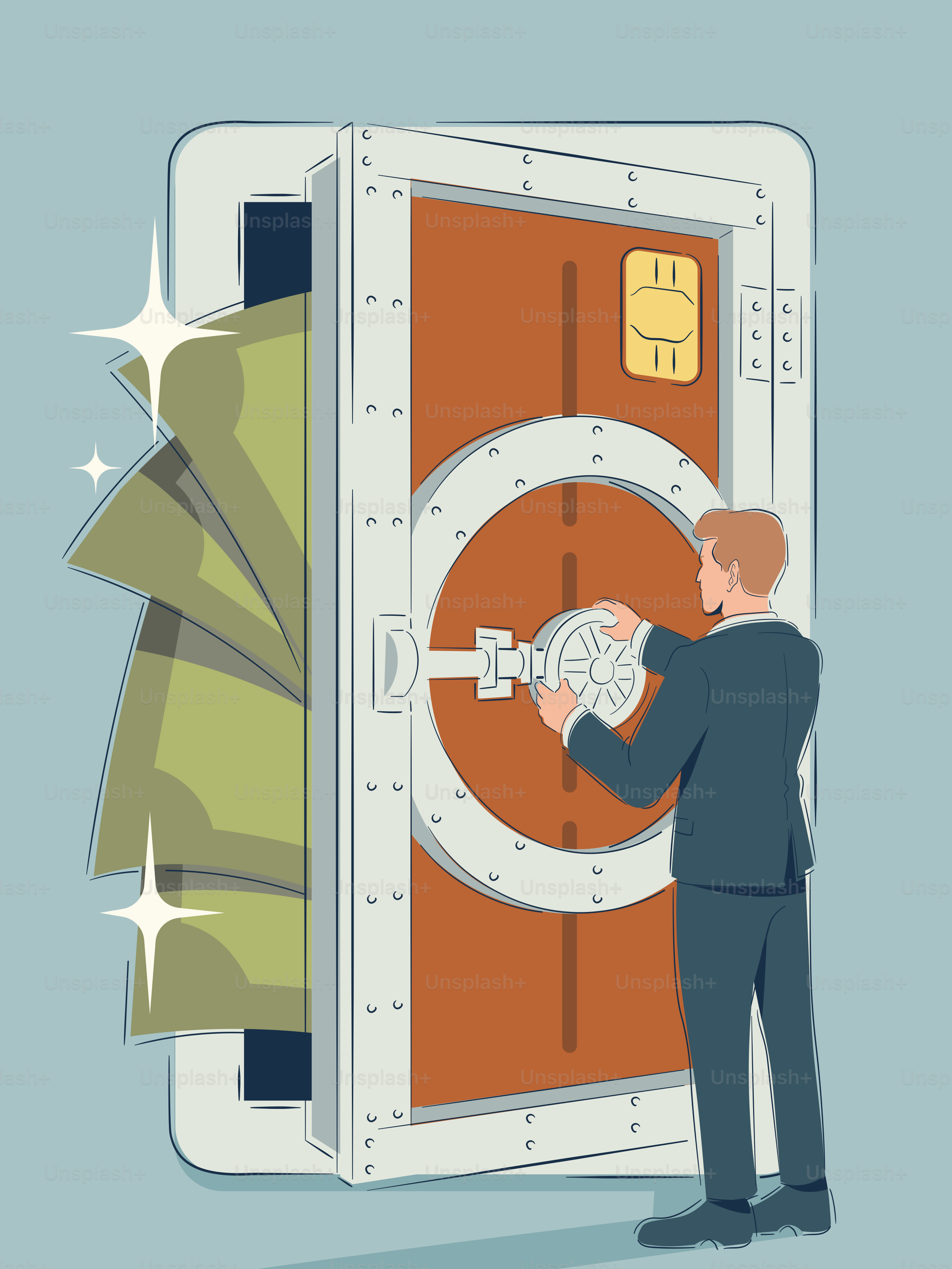 Man opens a digital bank vault with money inside