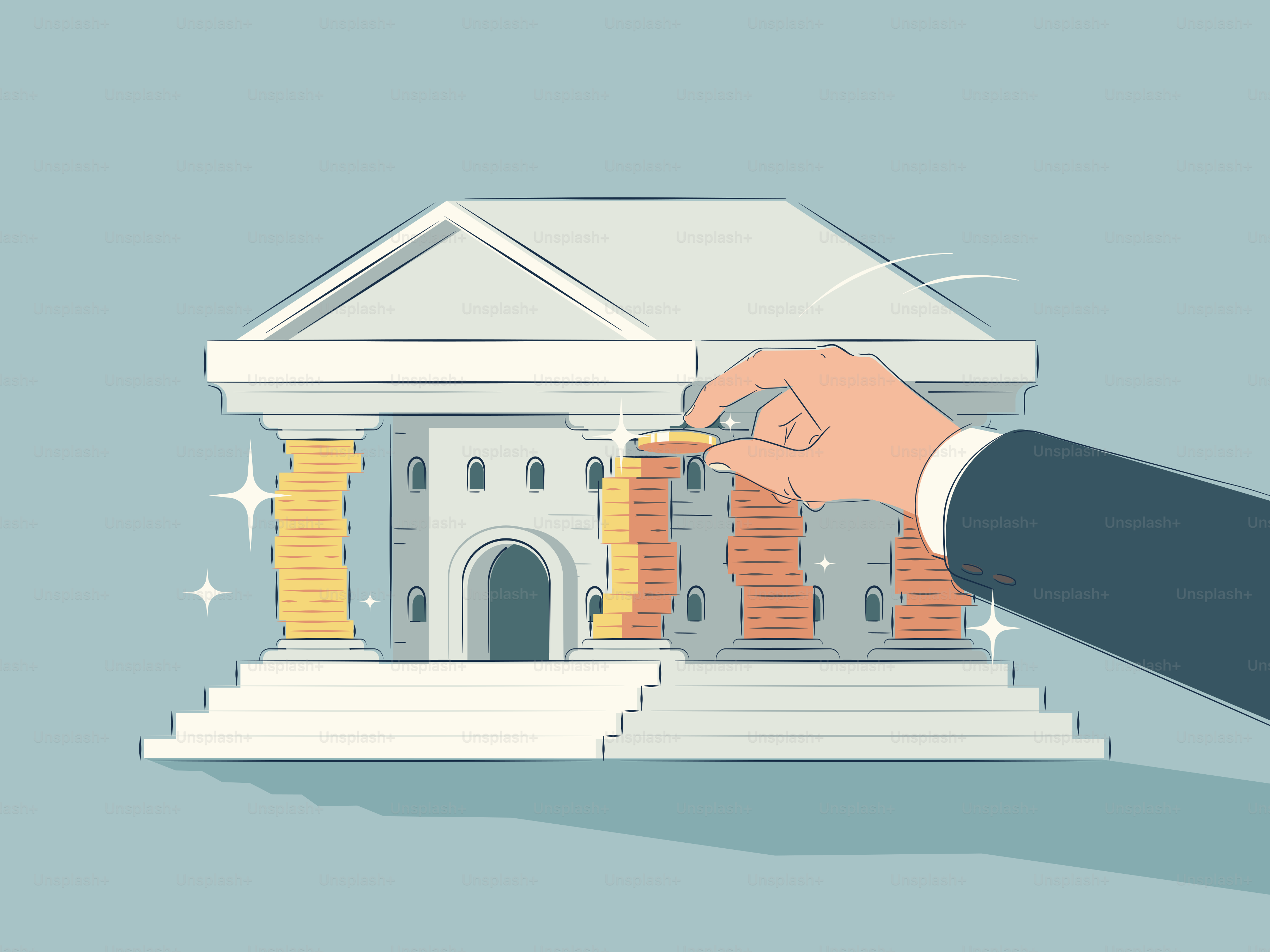 Hand adding coins to a bank building
