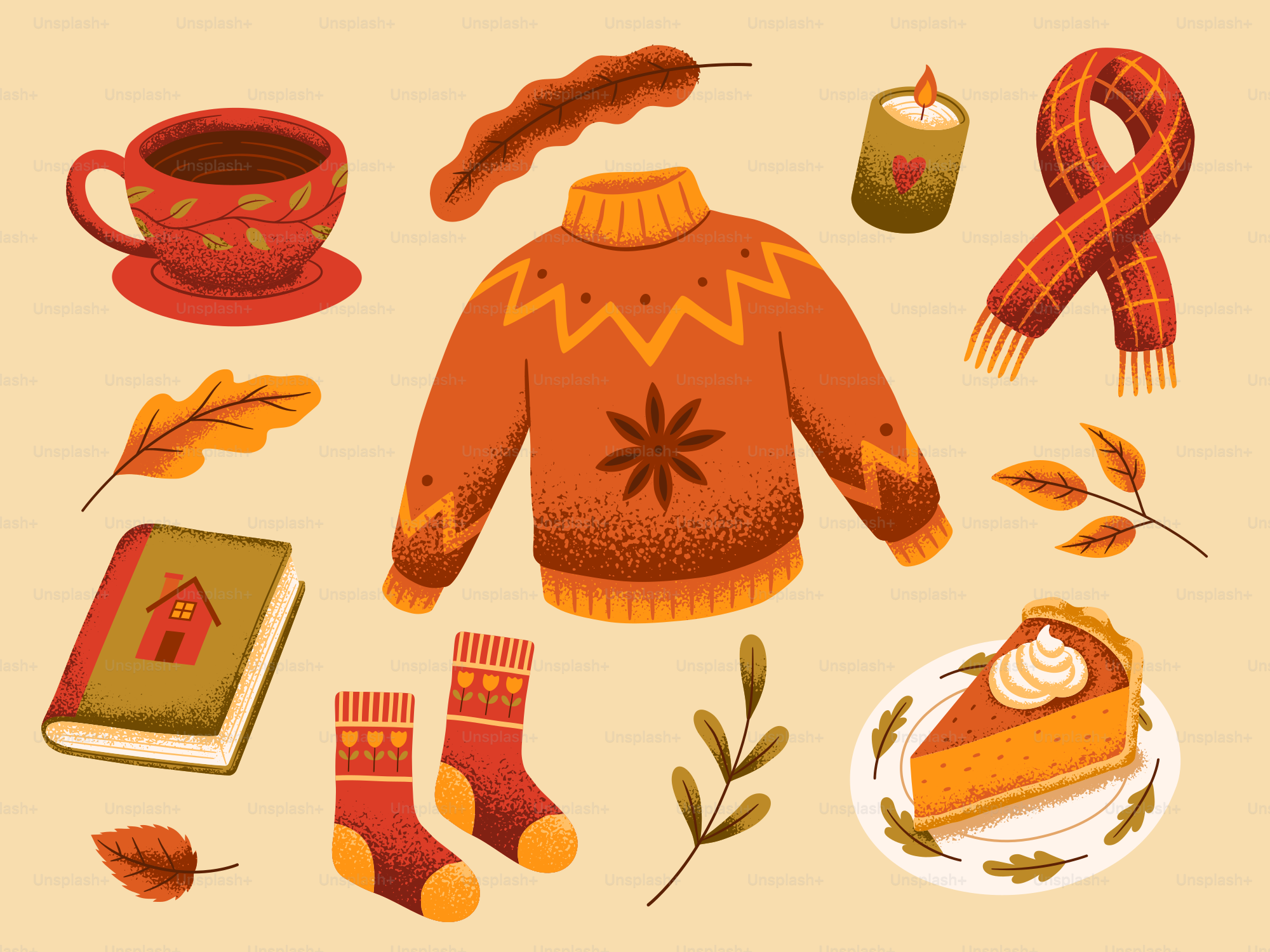 Kuschelige Herbstartikel wie Pullover, Socken und Kuchen