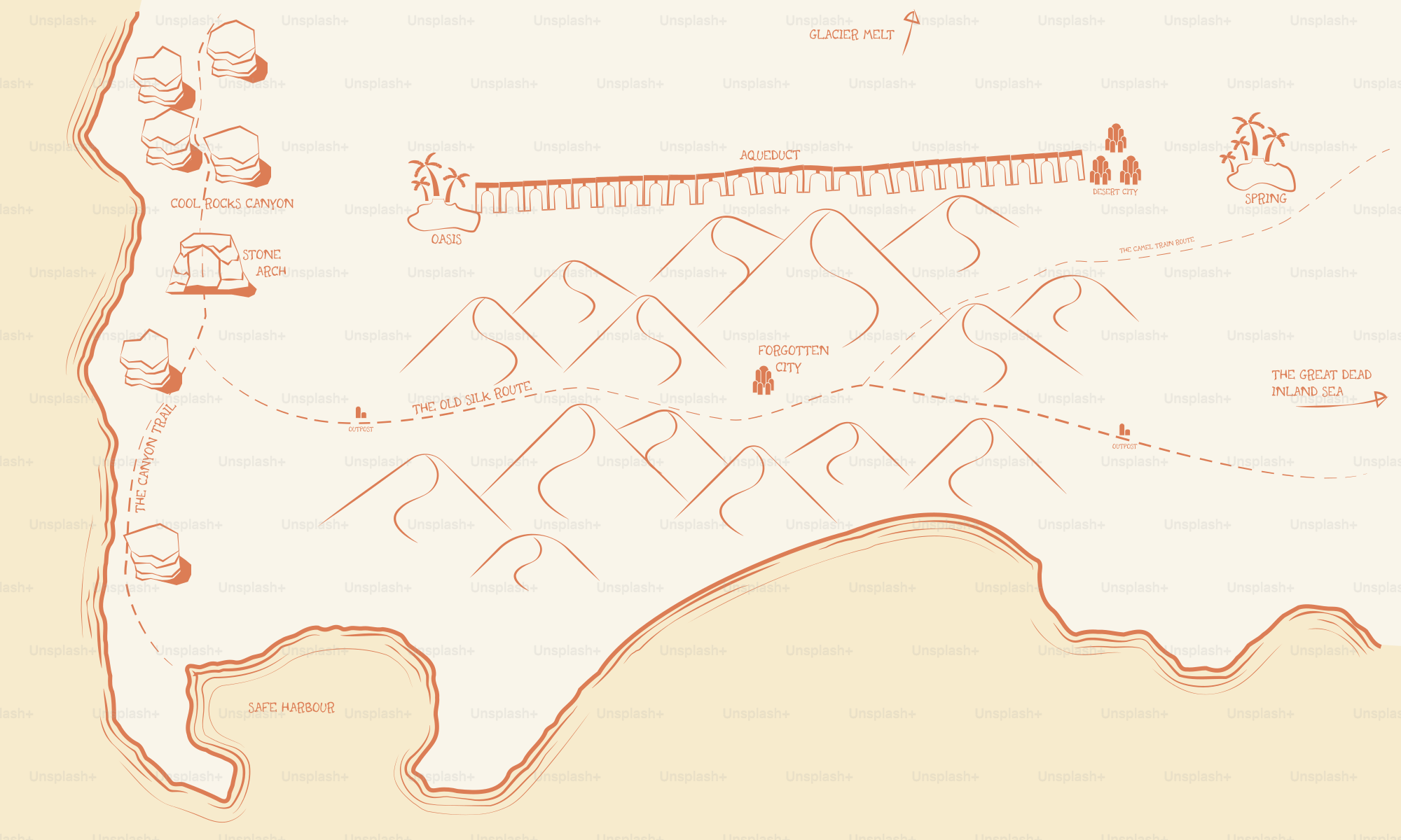 Fantasy map with mountains, river, and villages.