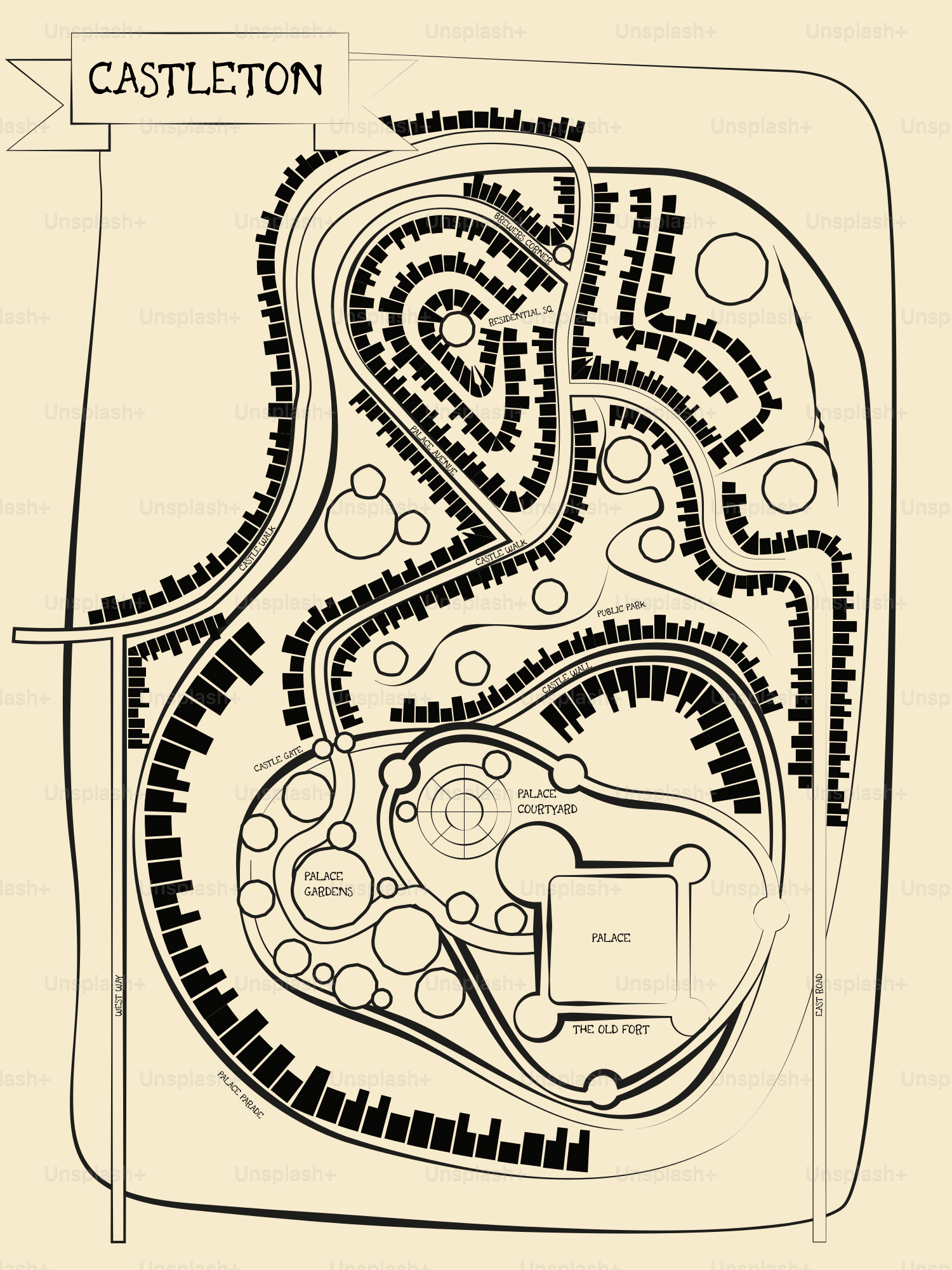 Castleton map with castle and winding paths
