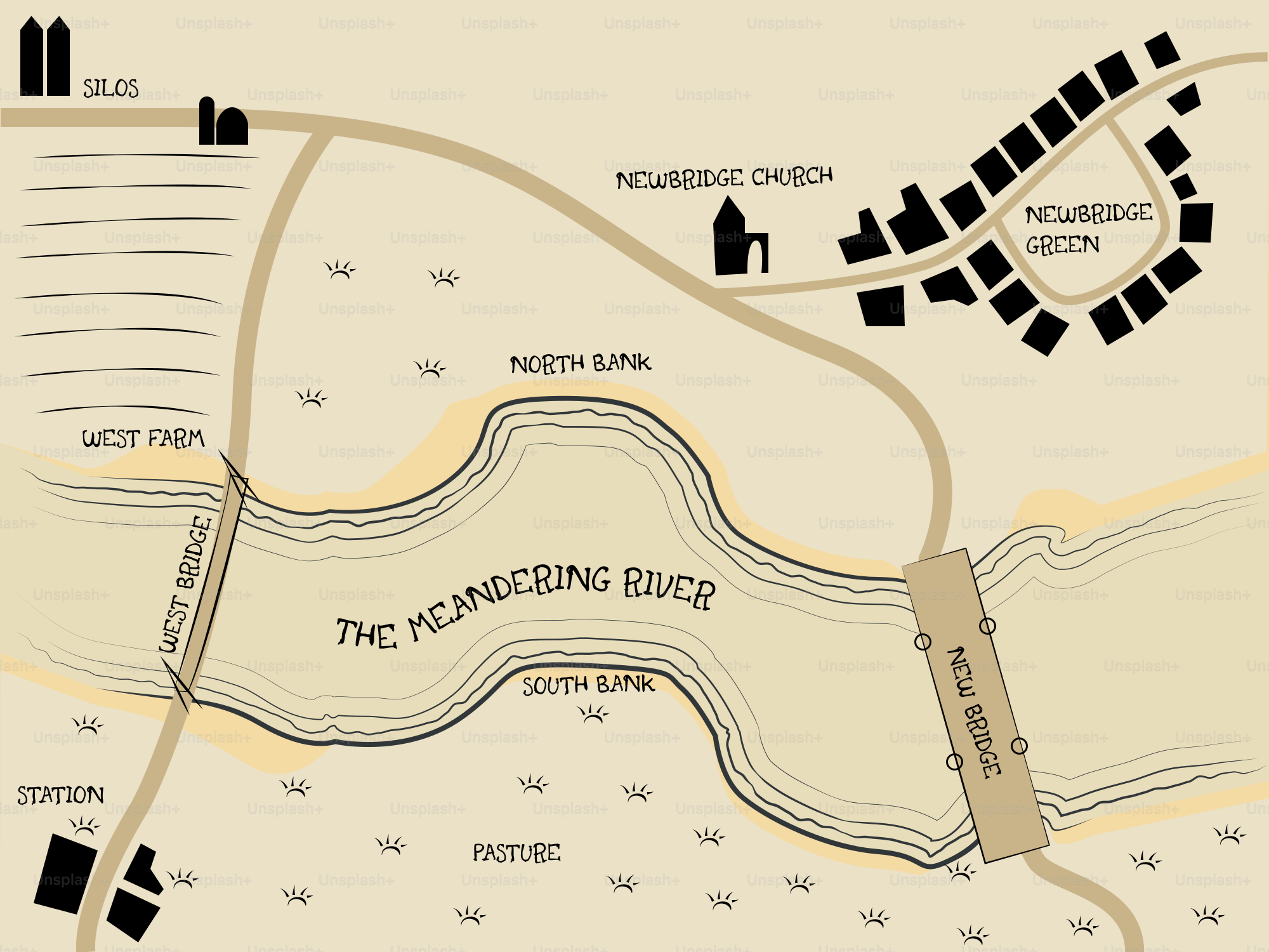 Mapa mostrando um rio, vila e estação.