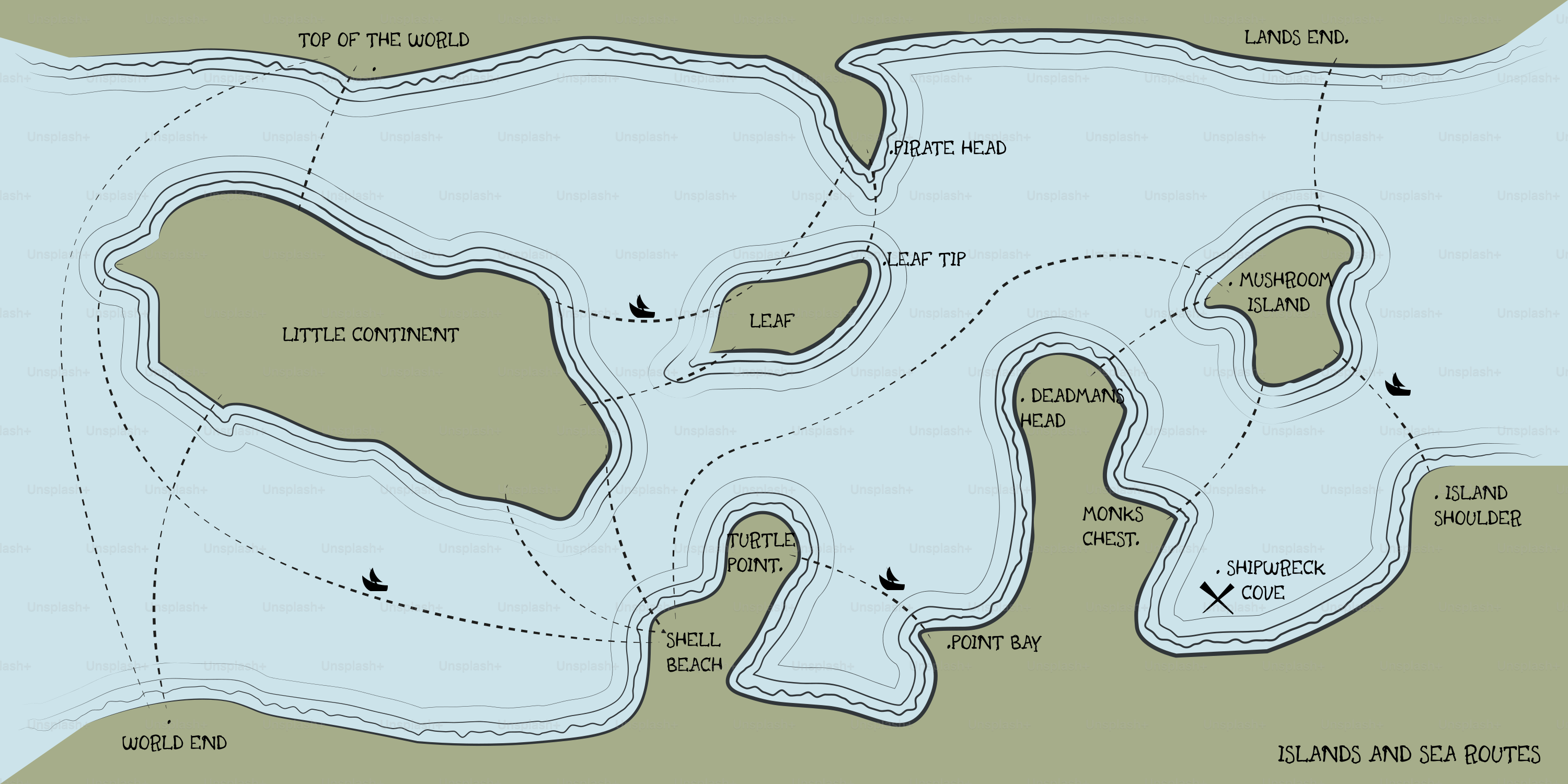 Stylized map of islands and waterways with labels.