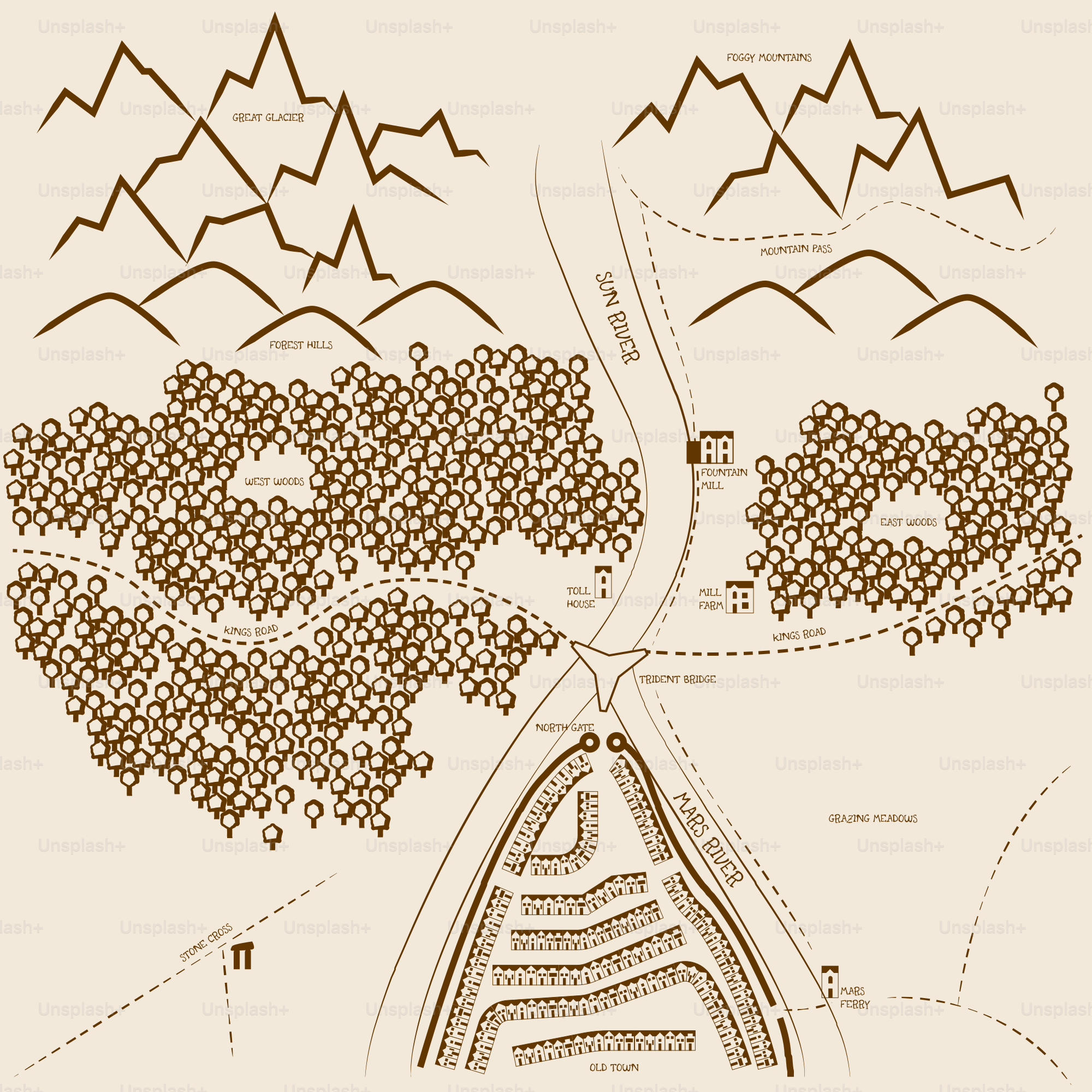Fantasy map with mountains, forest, and river.