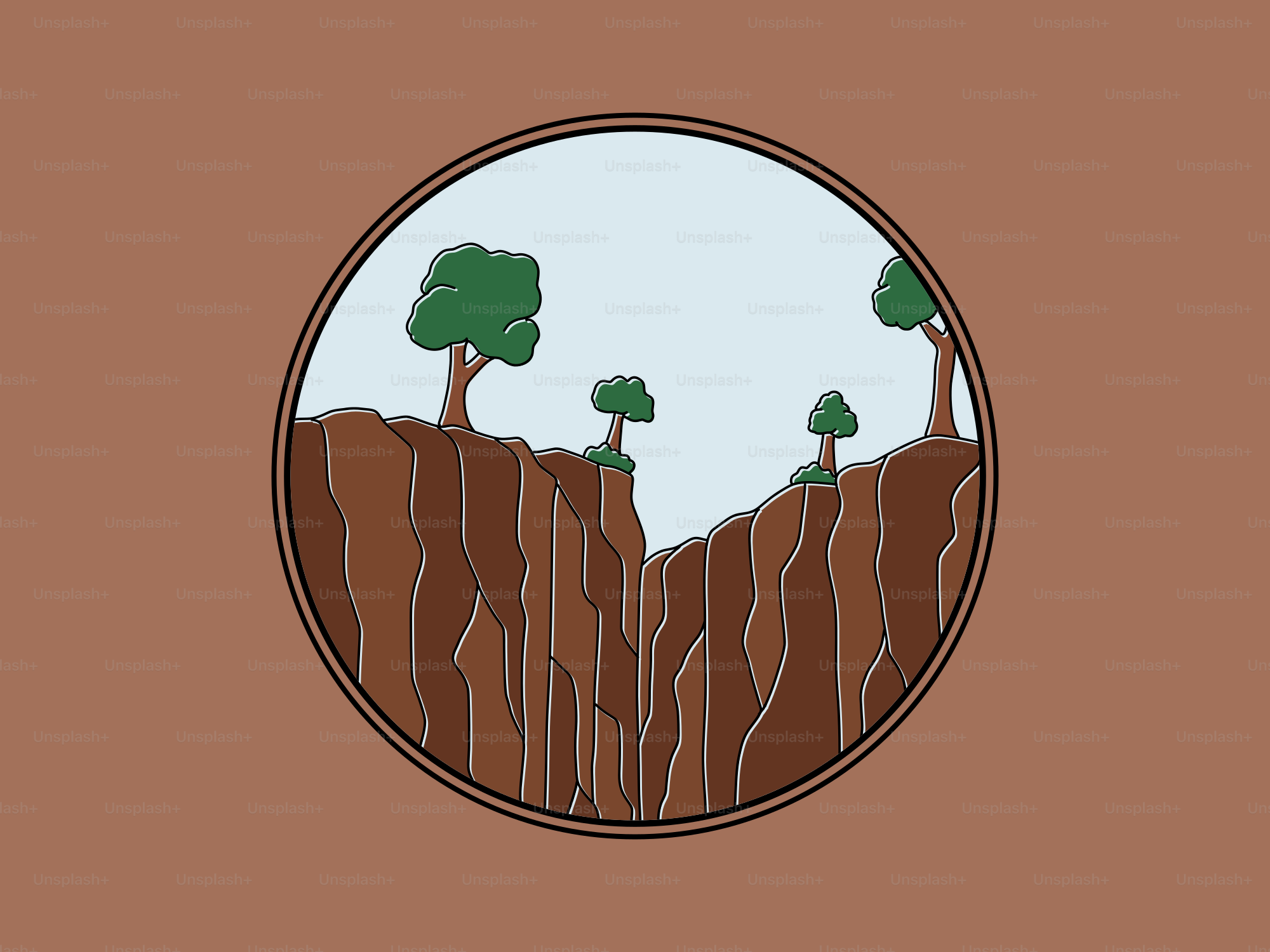 Stylized canyon with trees under a light blue sky