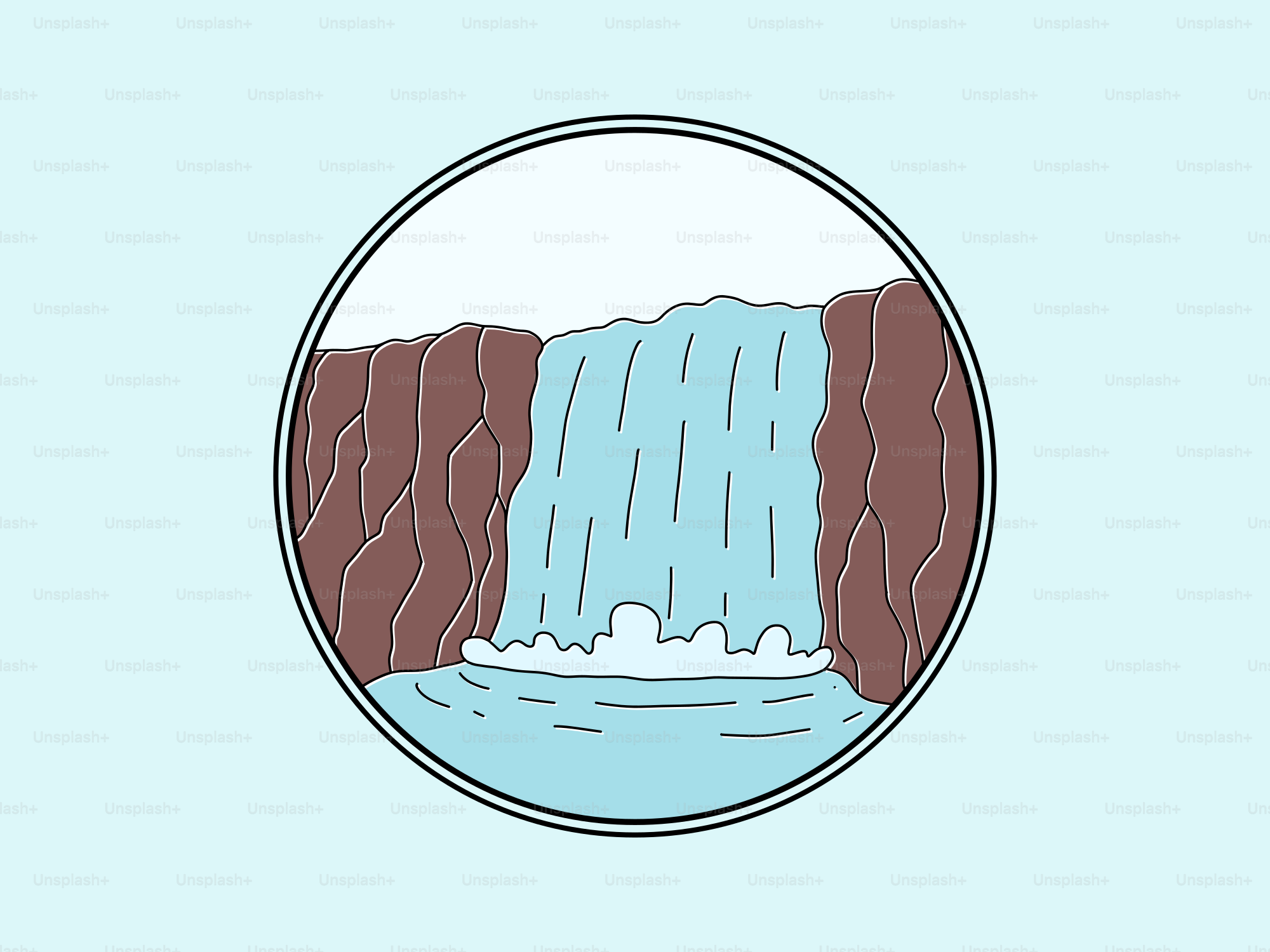 A stylized waterfall cascading down cliffs into water
