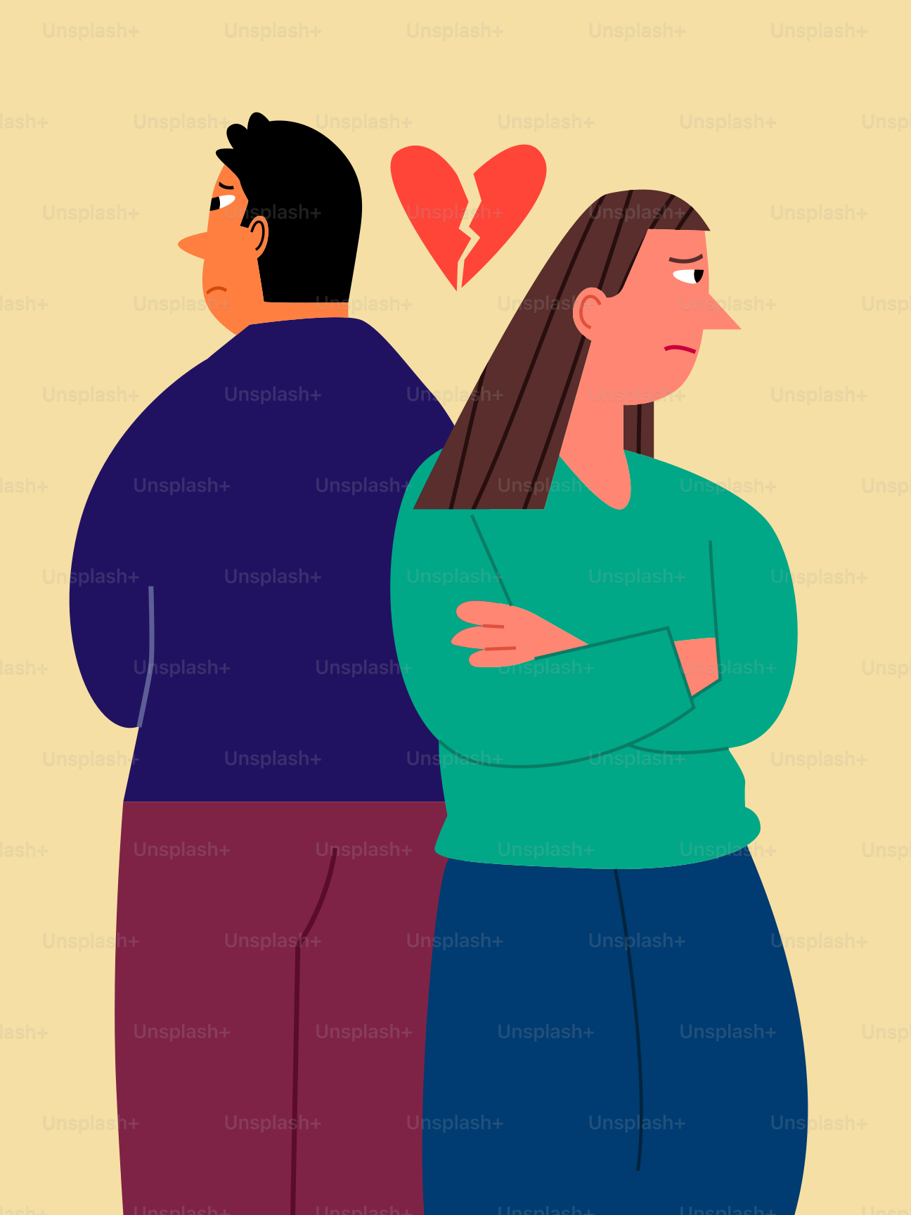 Couple with broken heart symbol between them.