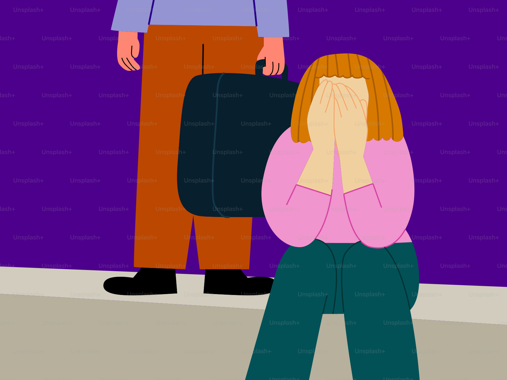 Woman covering face as man with suitcase walks away