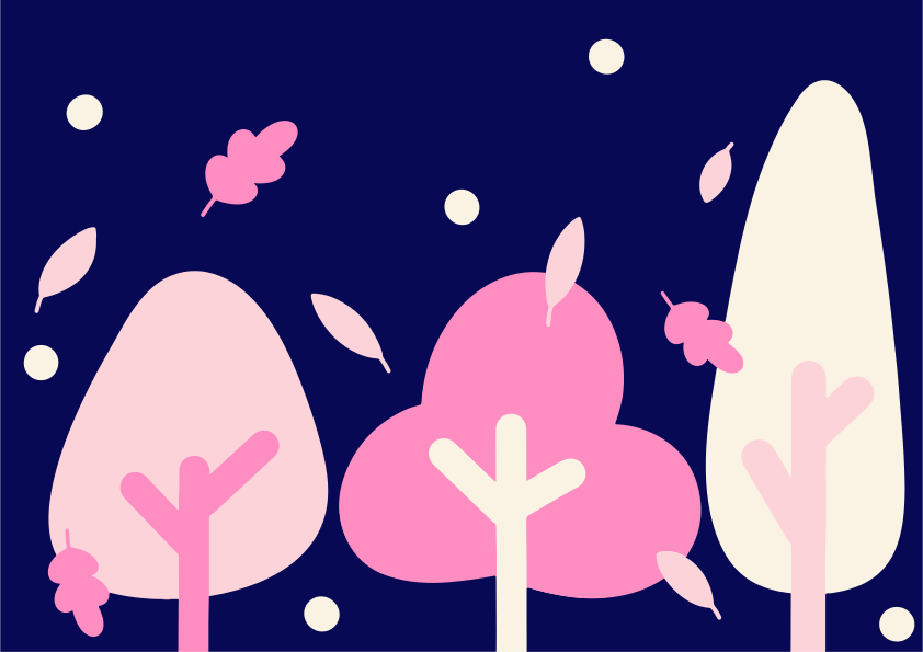 Stylized trees with falling leaves against dark background