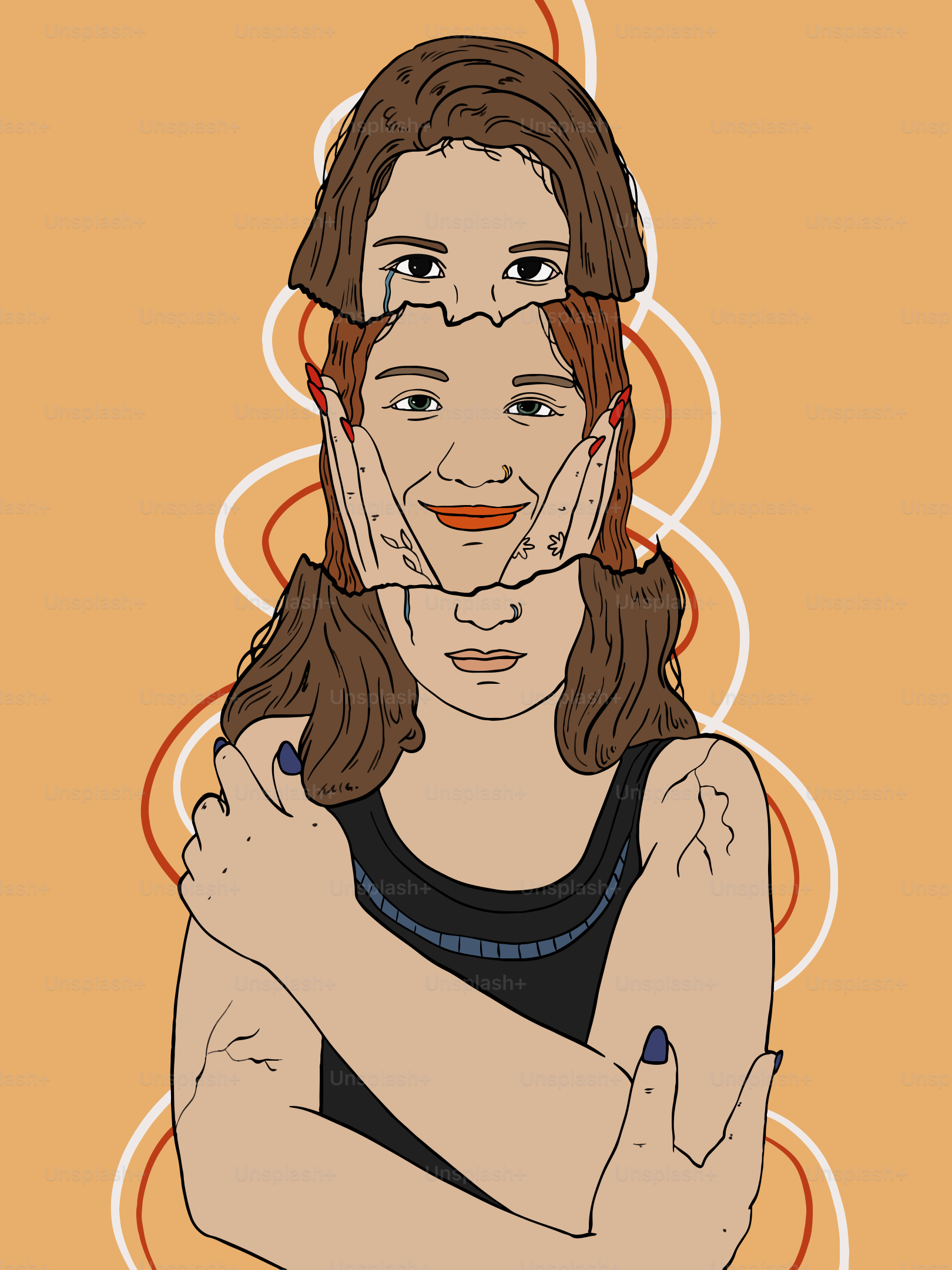 Donna con il volto frammentato e le braccia che si abbracciano