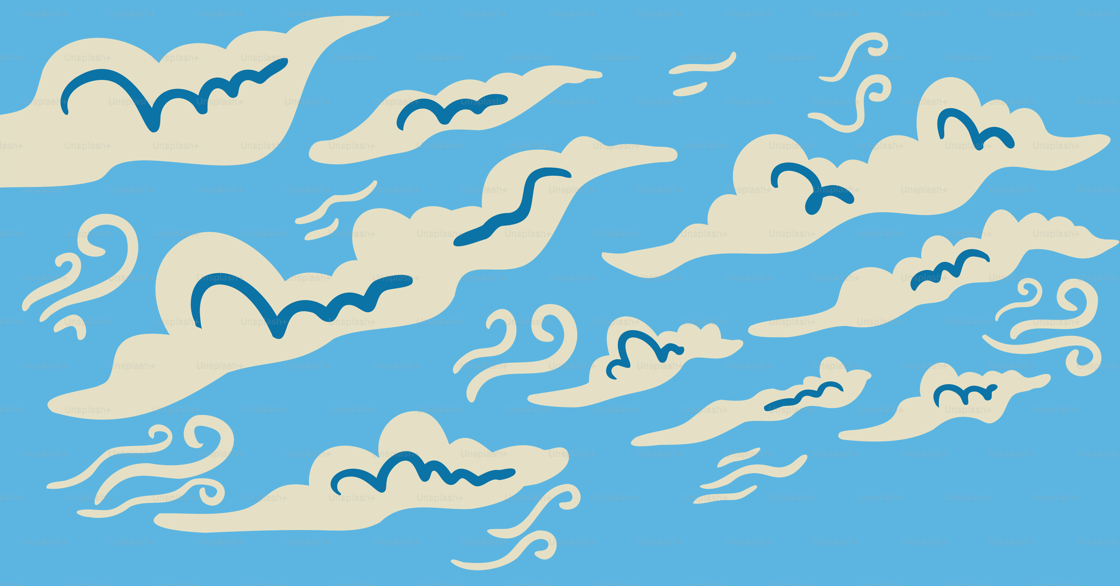 Stylized clouds drift across a blue sky