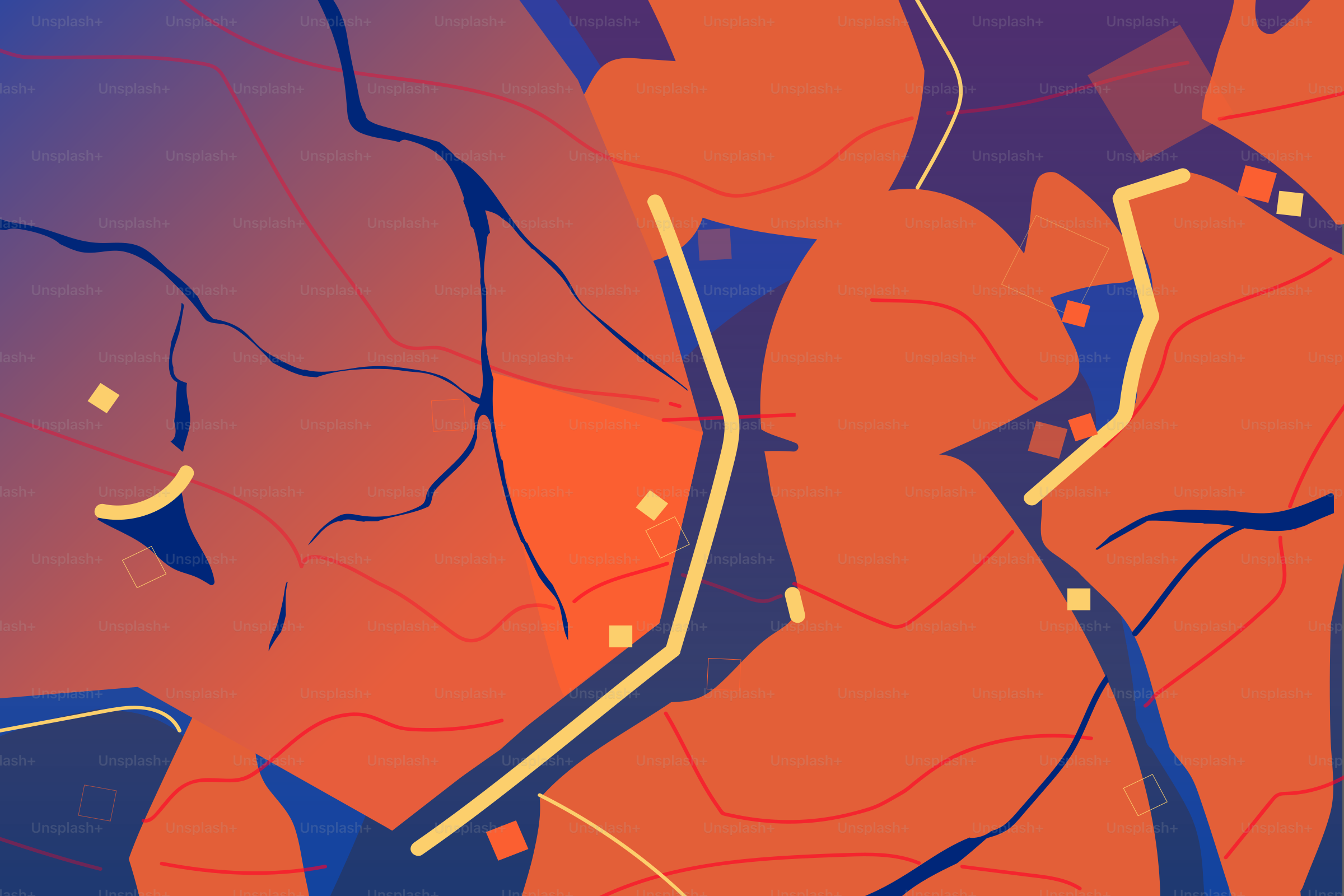 Abstract orange and blue shapes with thin yellow lines.