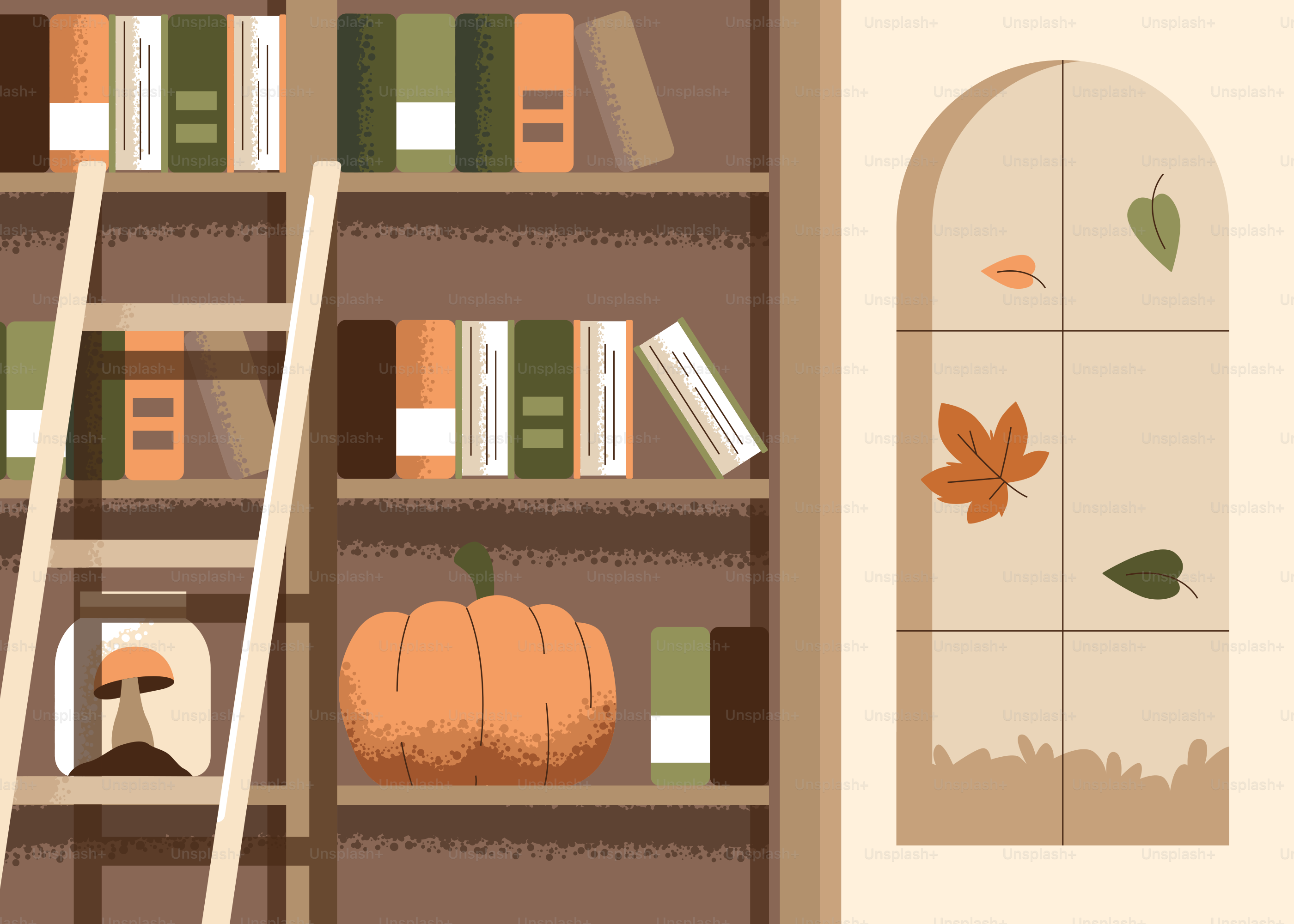 Libreria con zucca, scala e finestra autunnale