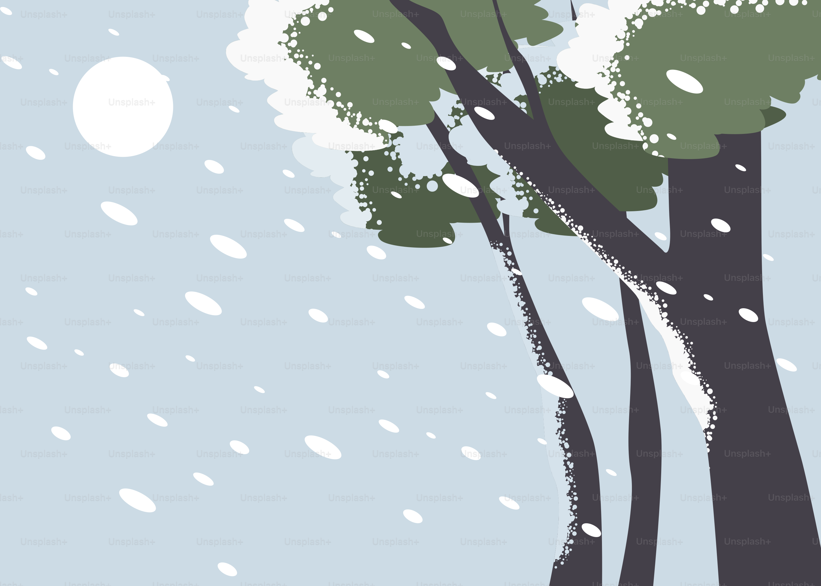 Trees in a gentle snowfall with a pale moon.