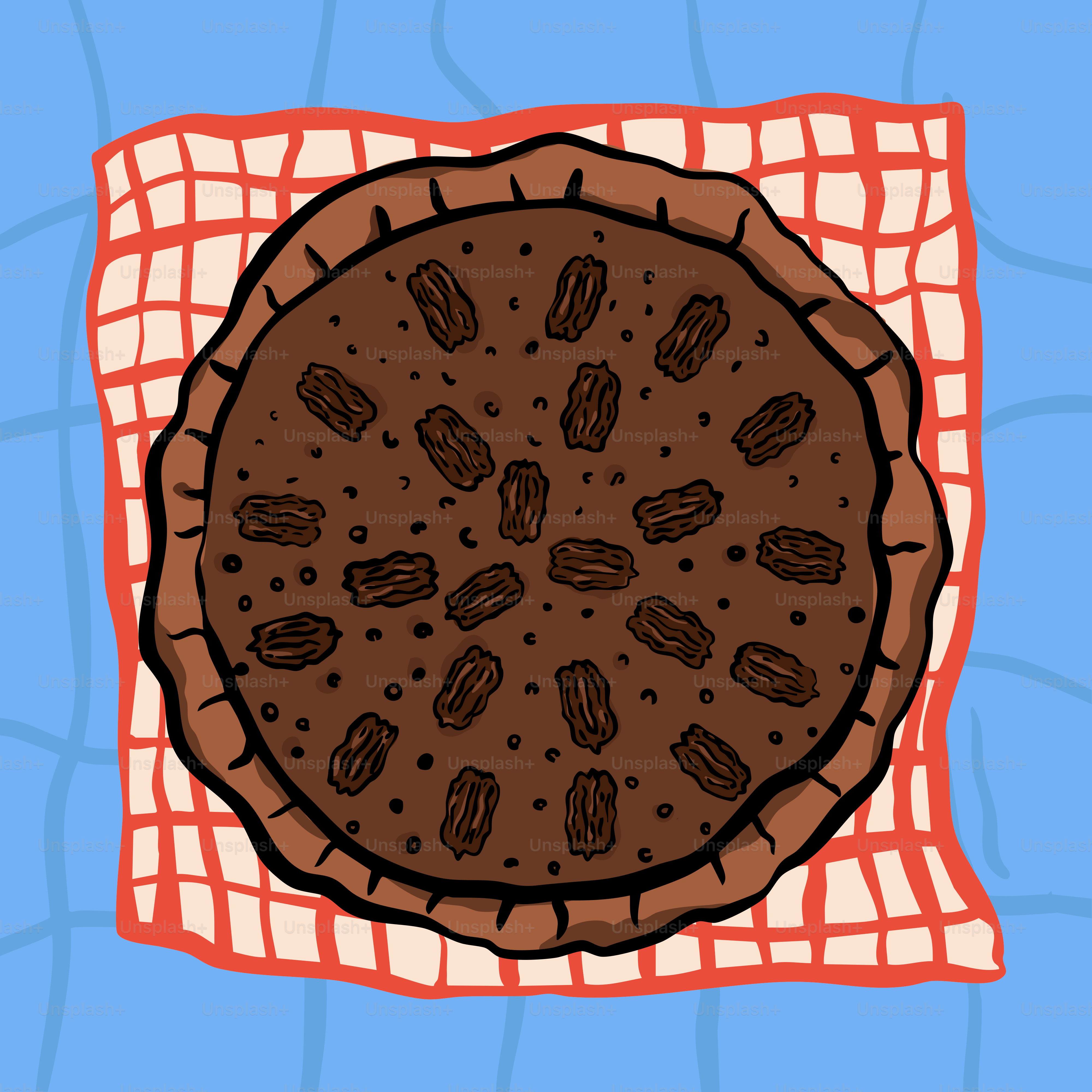 체크무늬 천에 대추야자가 그려진 초콜릿 파이