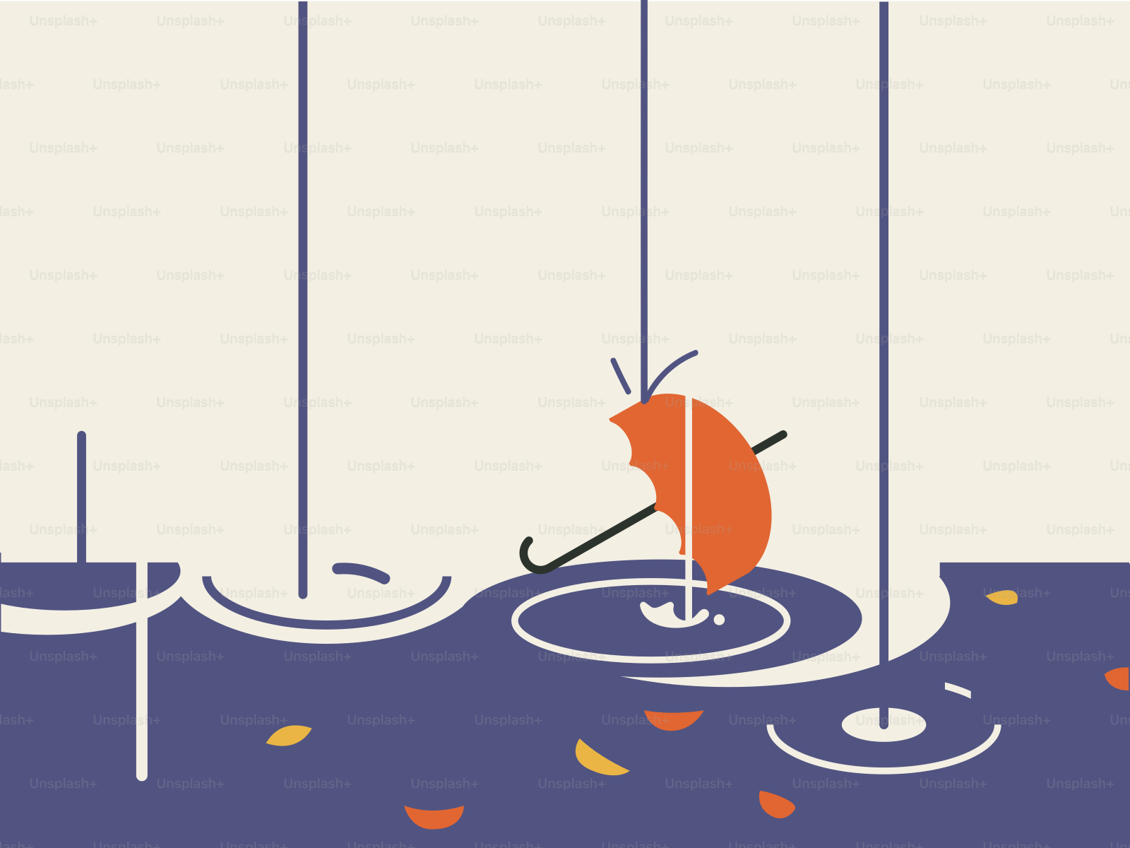 Orange umbrella floating in puddle during rain