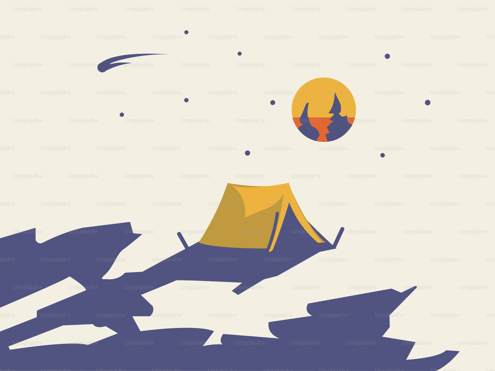 Yellow tent set up under a starry night sky.