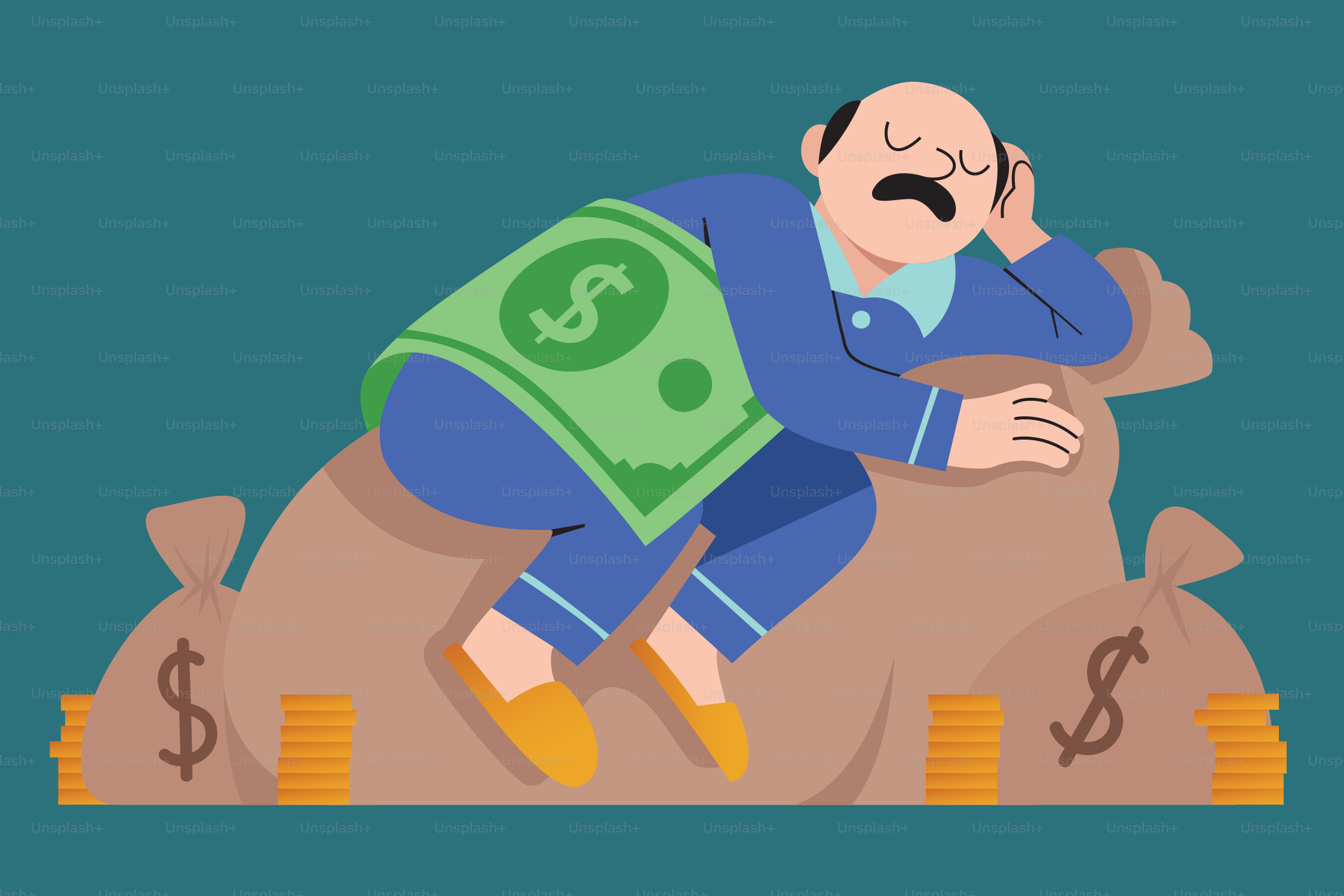 Man sleeping on money bags with dollar bill blanket.