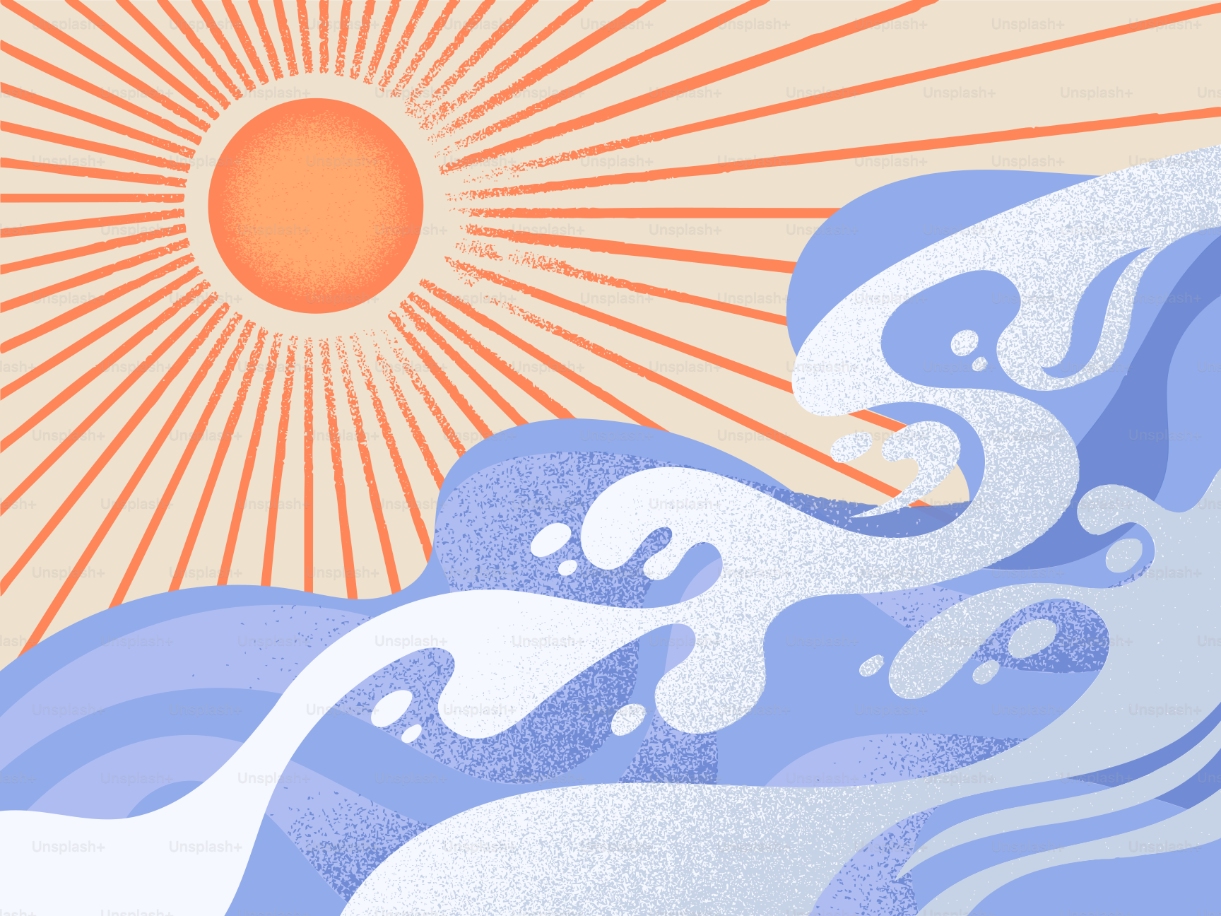 Stylized sun and ocean waves with radiating lines.