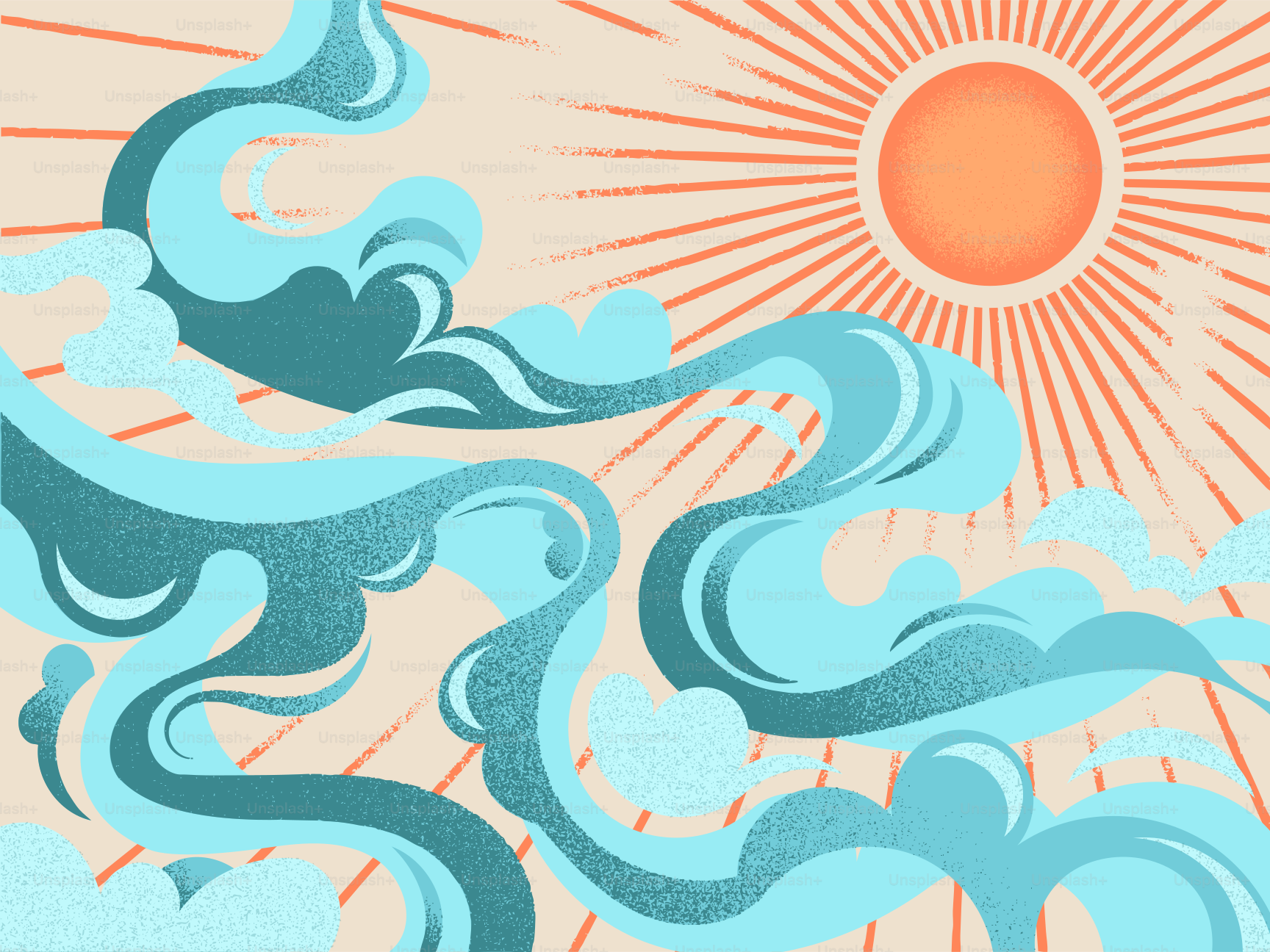 Stylized sun and swirling blue waves against a peach background