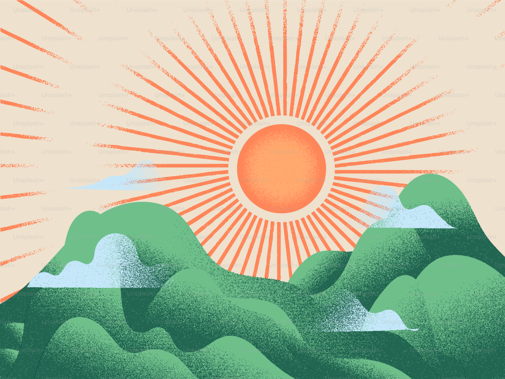 Sun shining over green hills with clouds