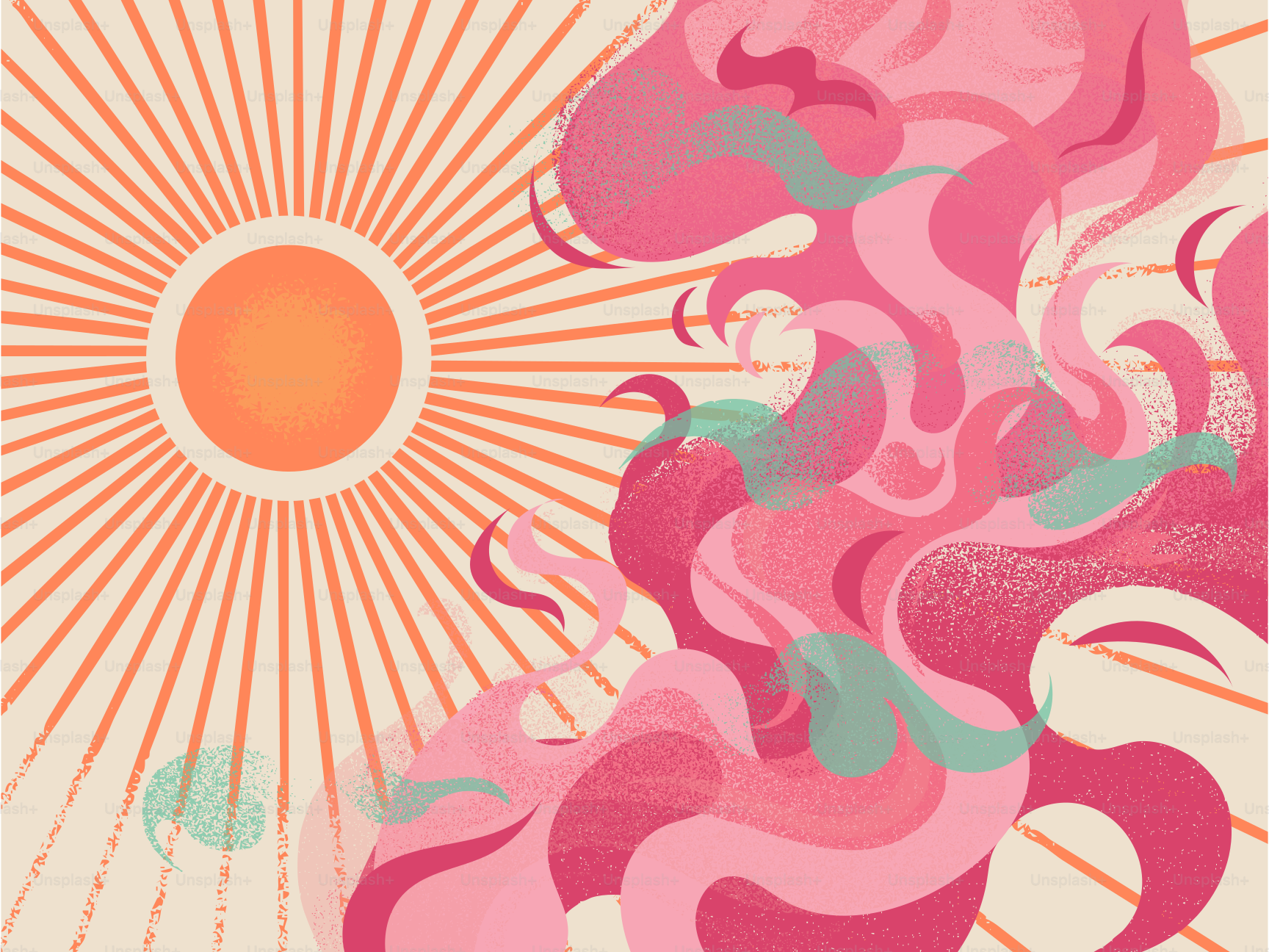 Soleil stylisé avec des formes abstraites roses et turquoise