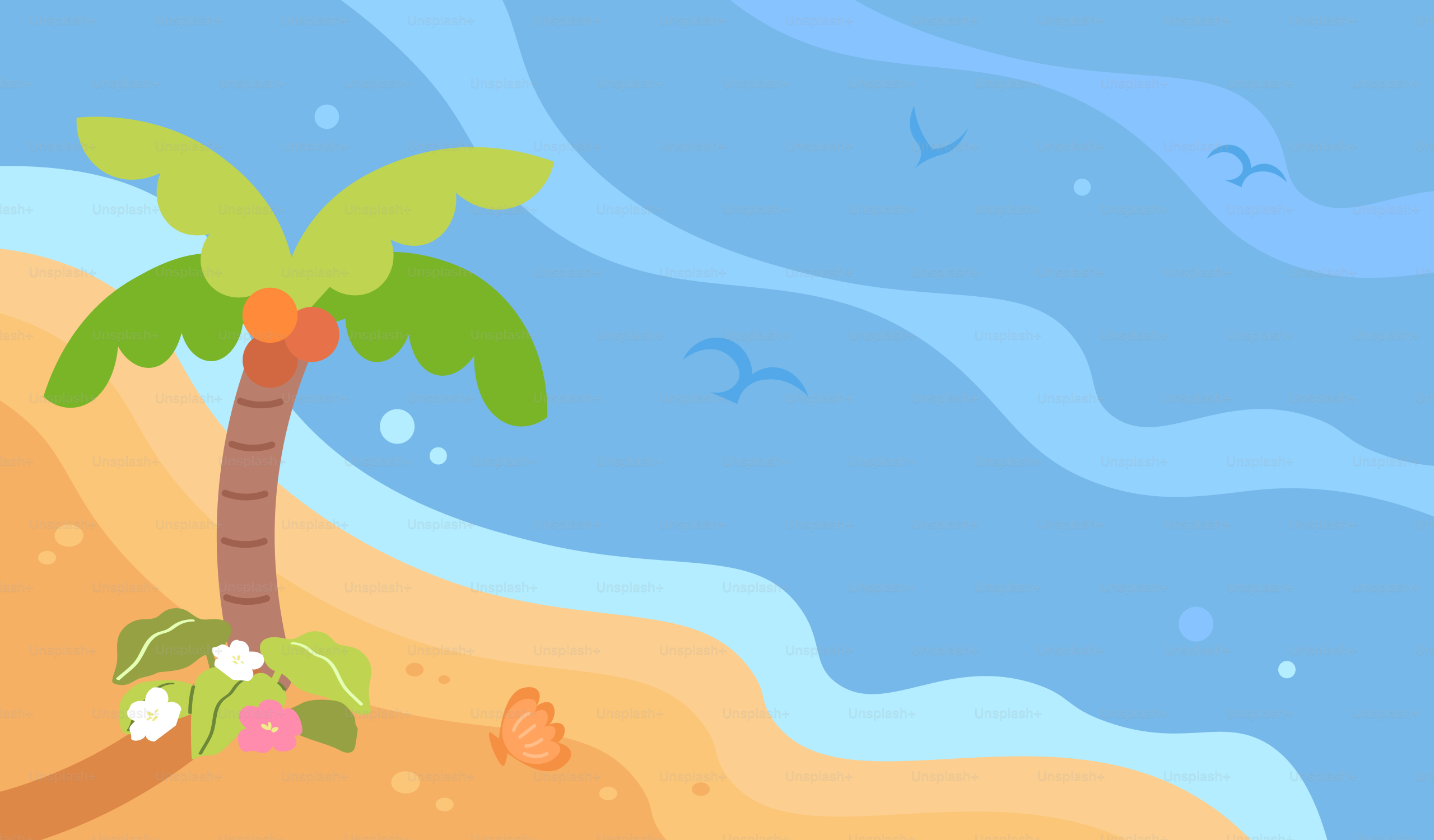 Cartoon beach scene with palm tree and ocean waves