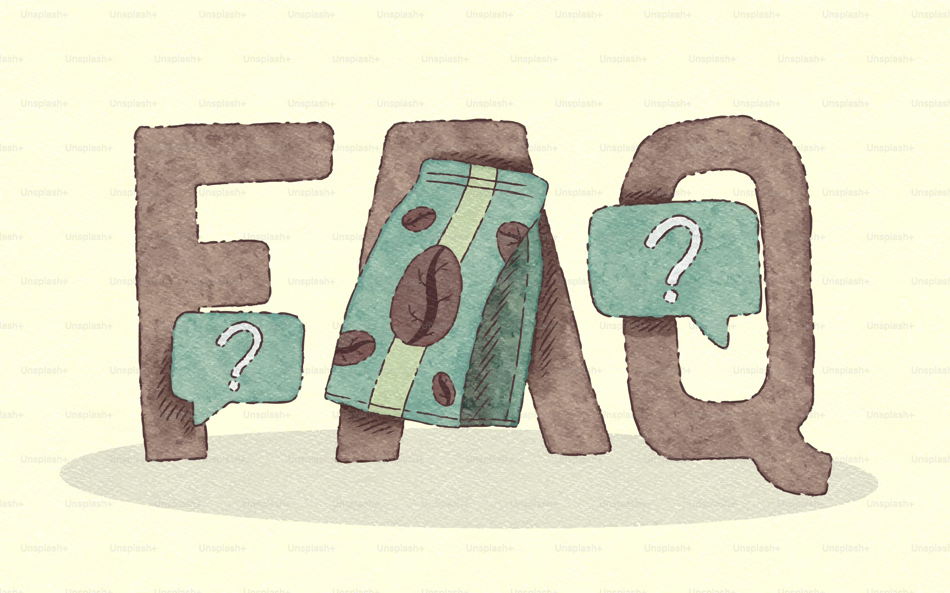 Preguntas frecuentes con bolsa de café y signos de interrogación
