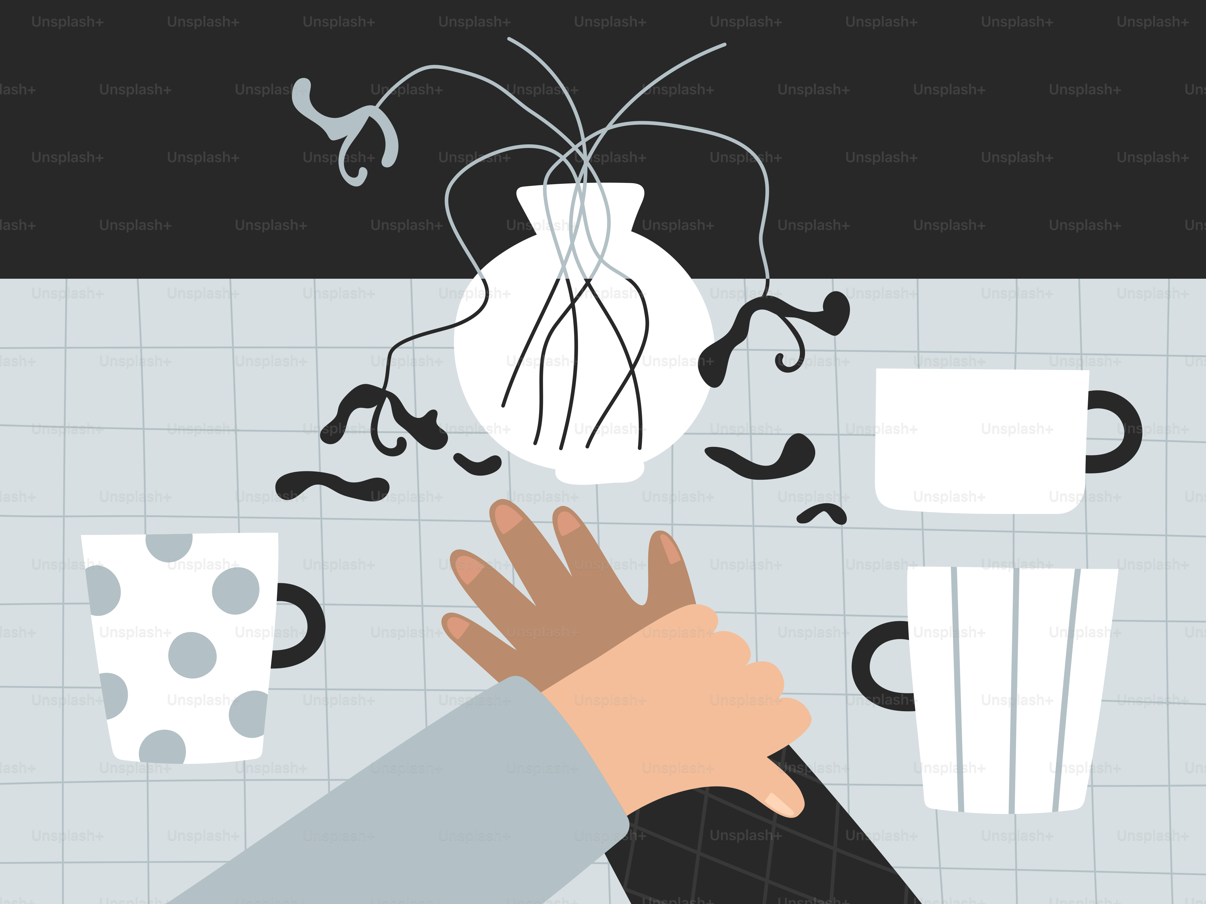 Hand reaching for a mug near a spilled plant