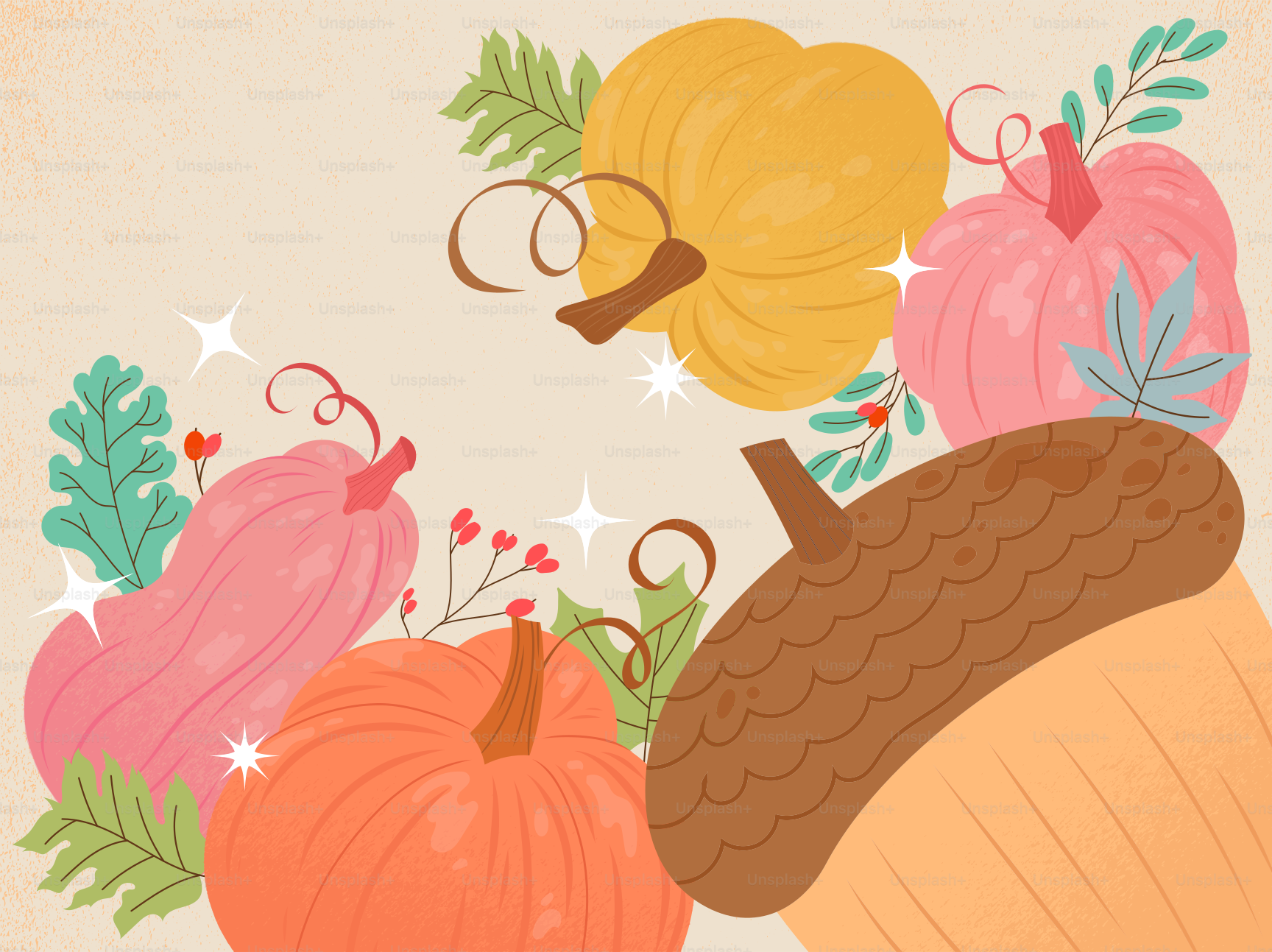 Colorful pumpkins and acorn with autumn leaves