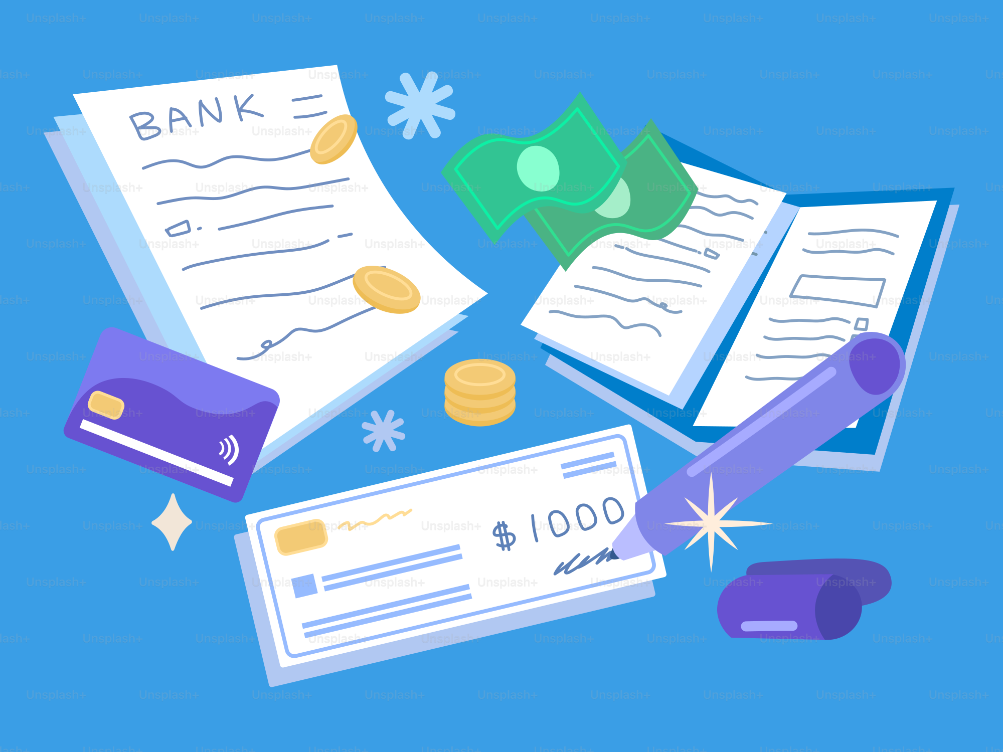 Writing a check for $1000 with bank documents