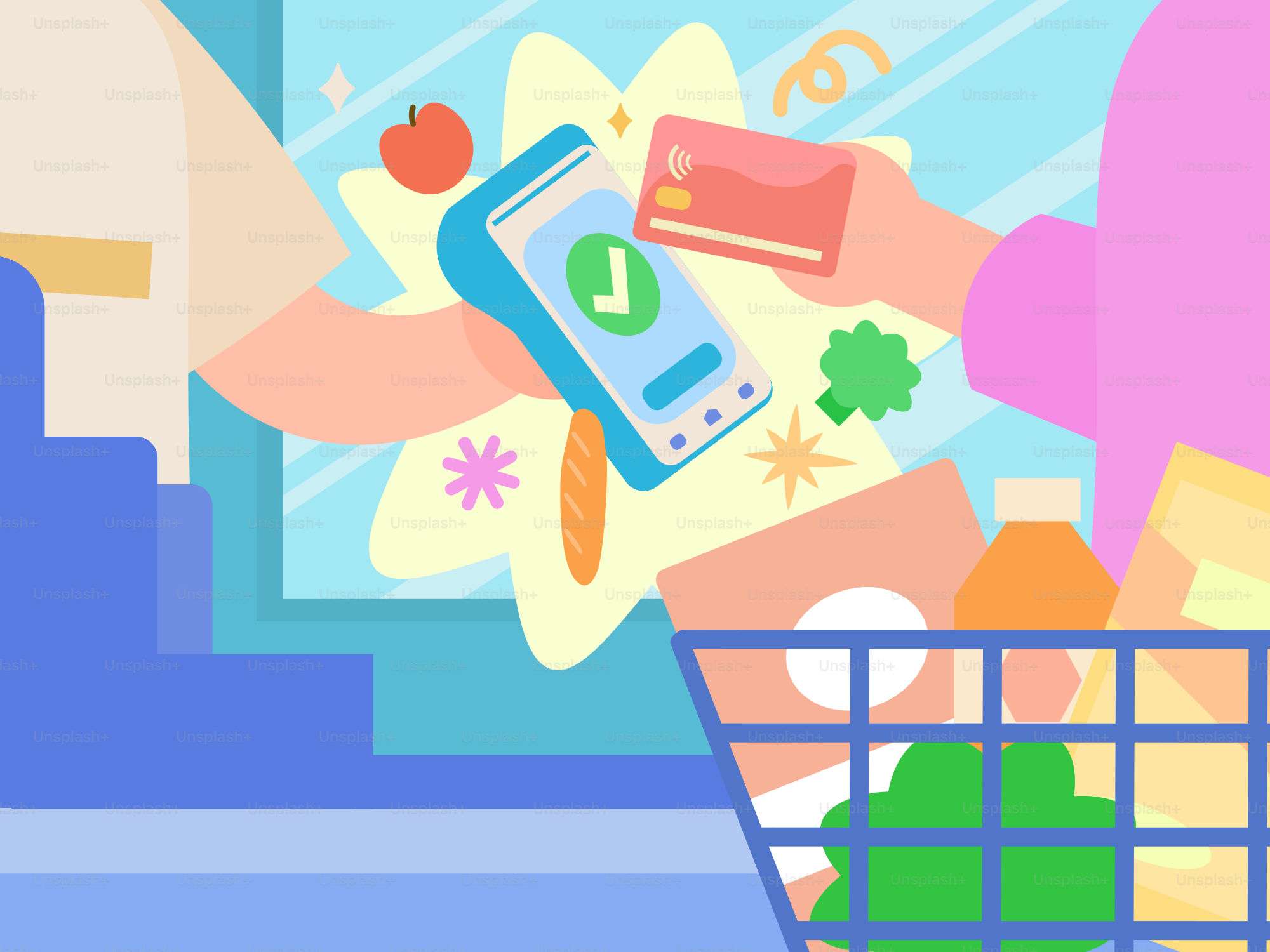 Cliente pagando com smartphone no checkout do supermercado.