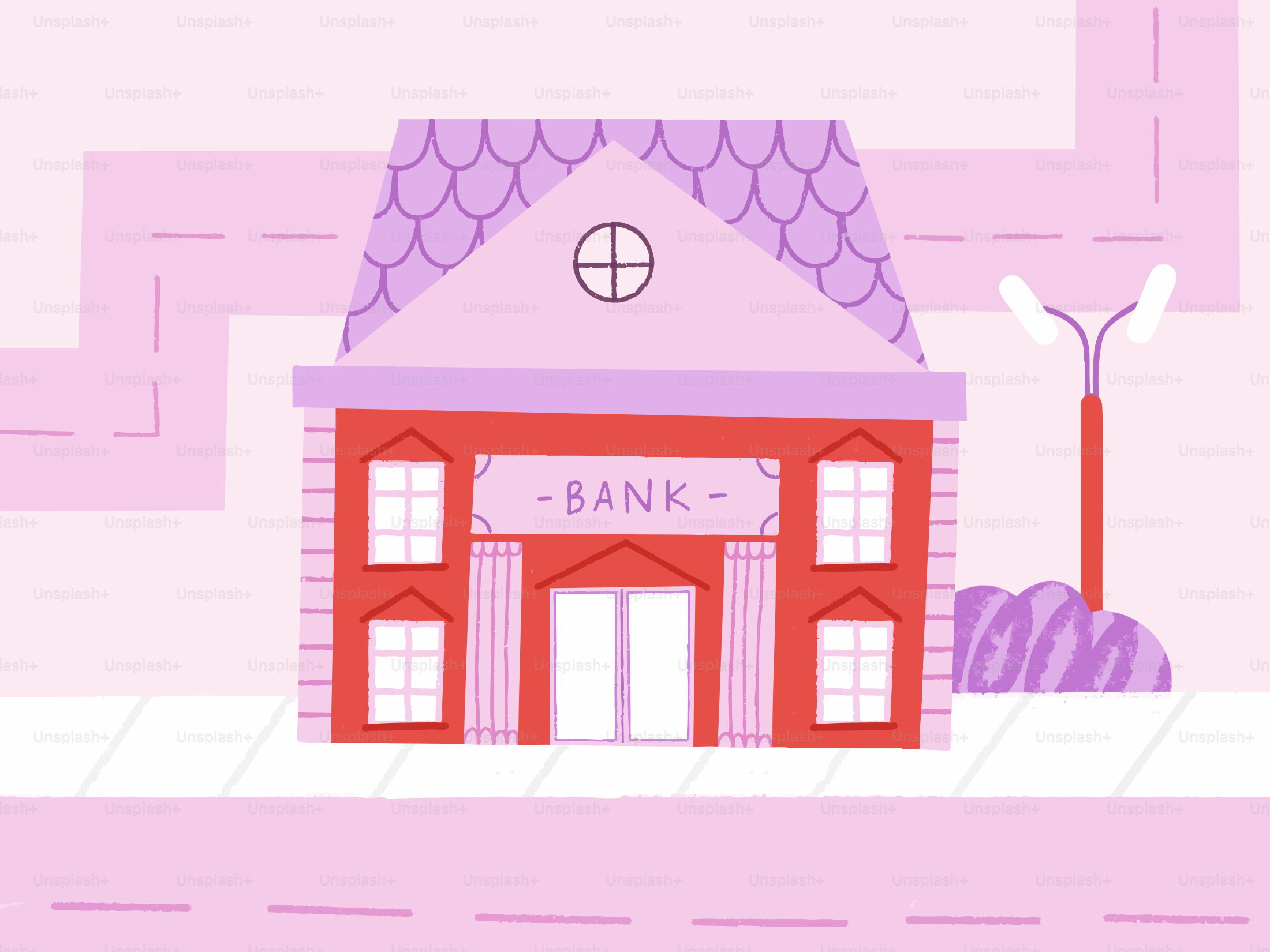 A stylized bank building in a pink, cartoonish style.
