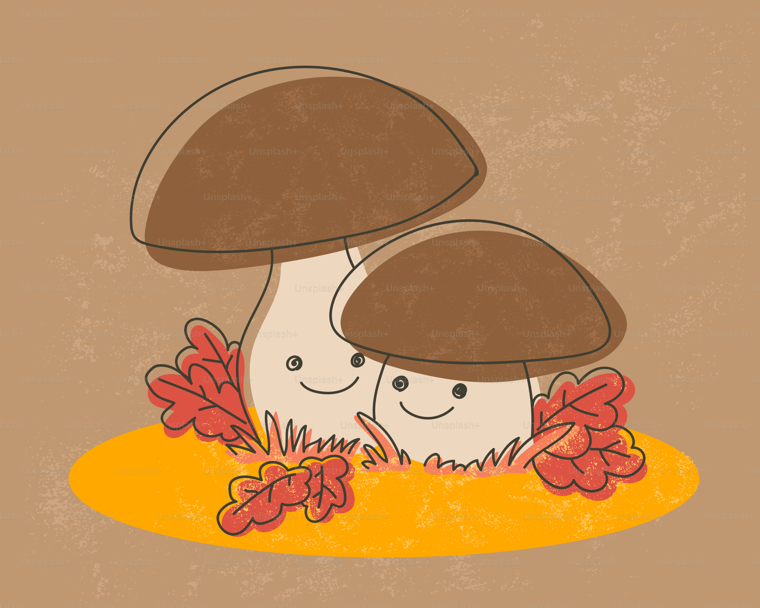Two cute mushrooms with autumn leaves