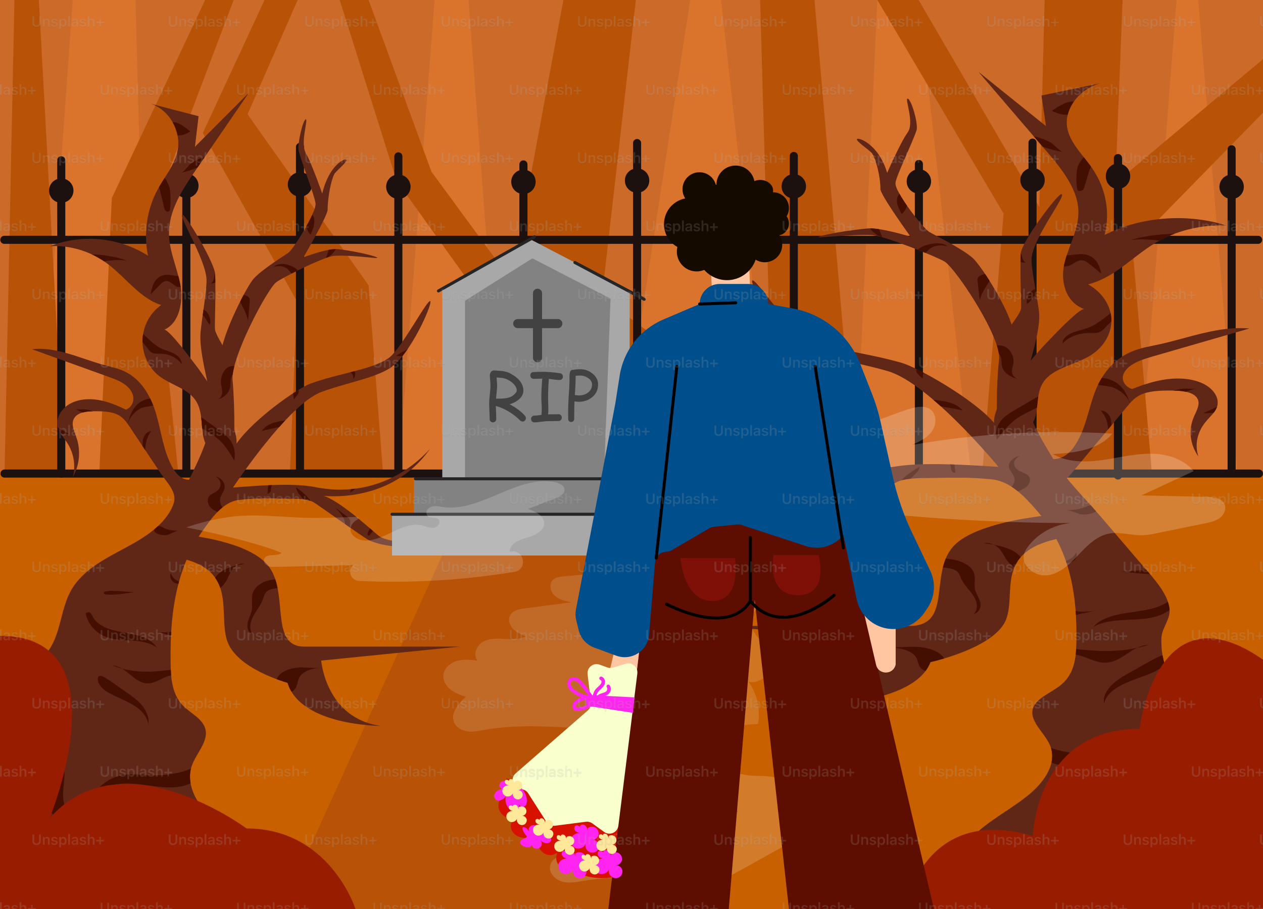 Person with flowers visits a grave in a cemetery.