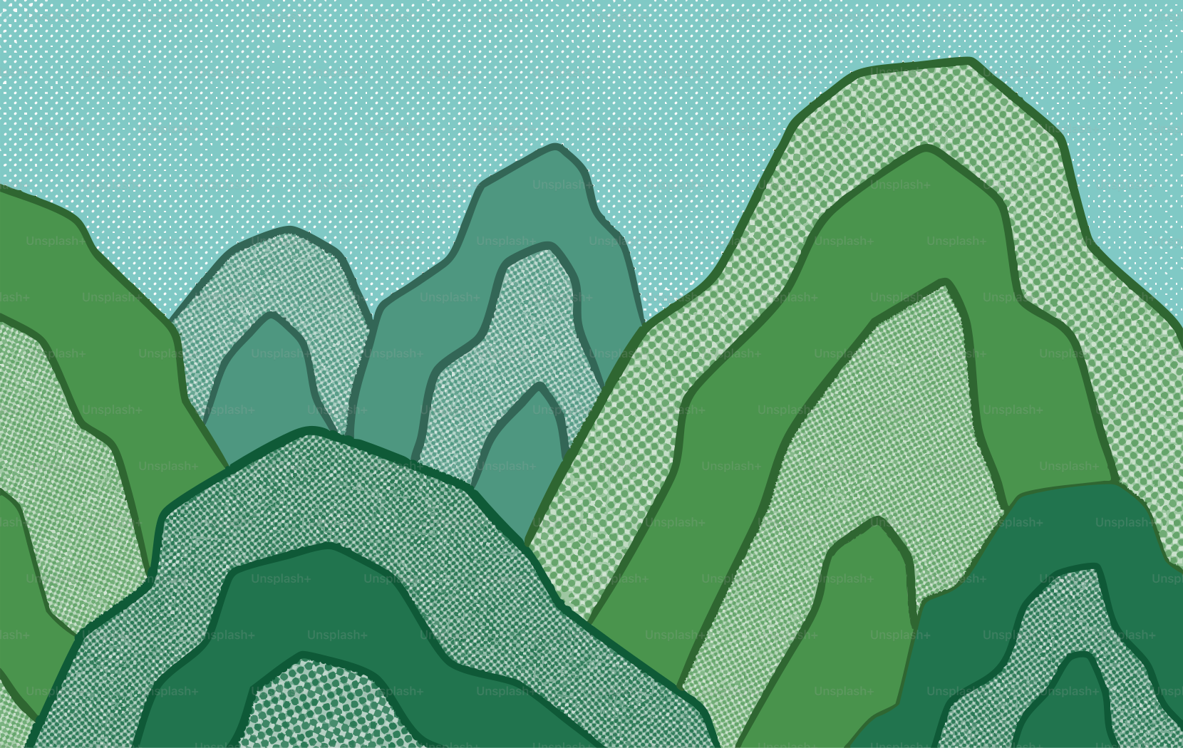 Stylized green hills under a pale blue sky