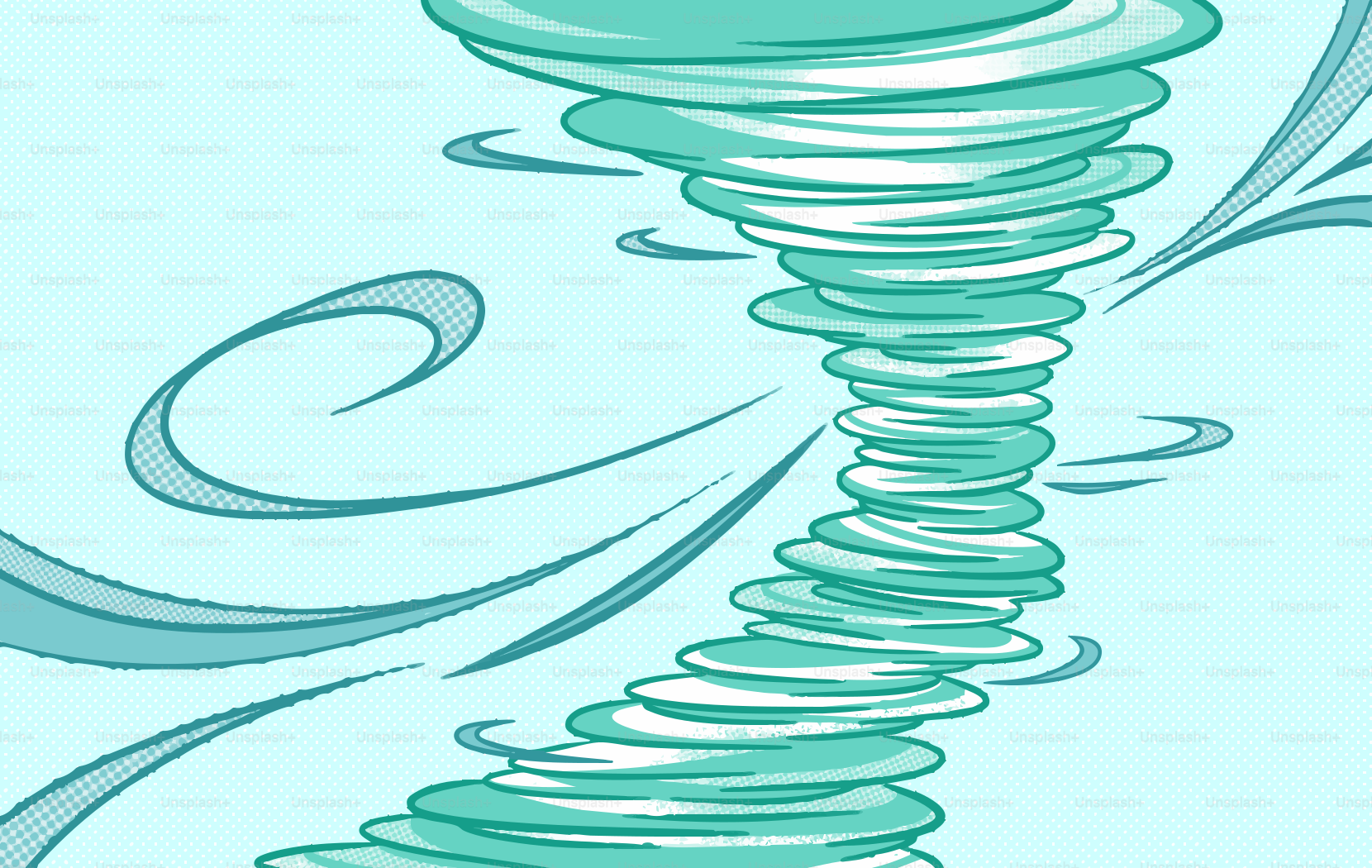 Un tornado stilizzato con motivi vorticosi blu e bianchi