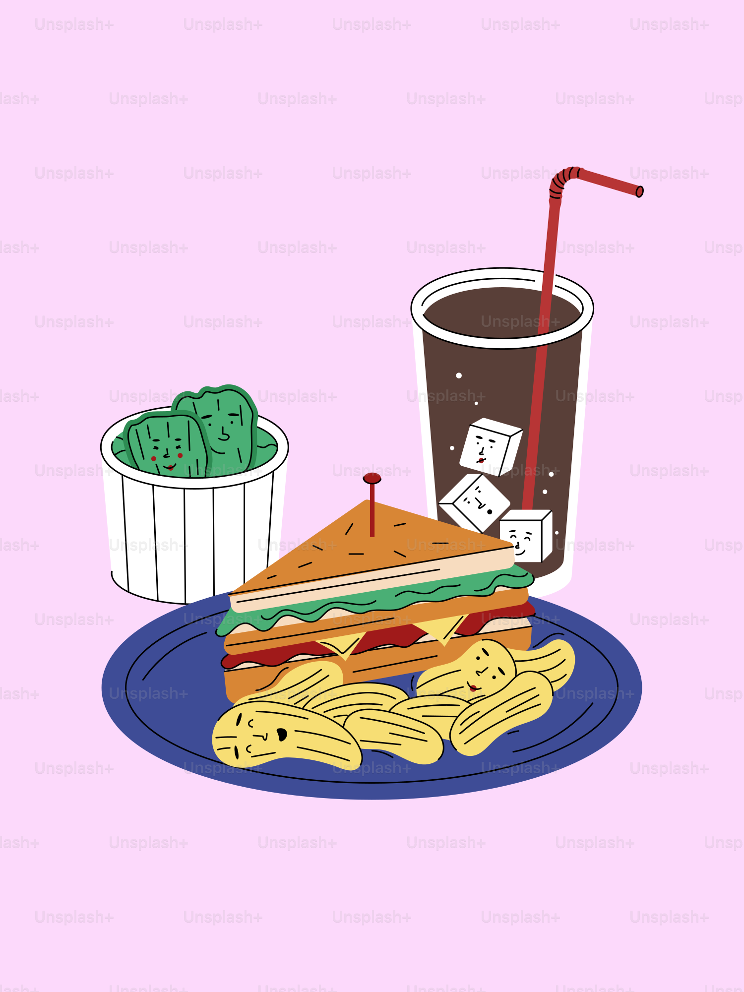 A sandwich with chips, pickles, and a soda