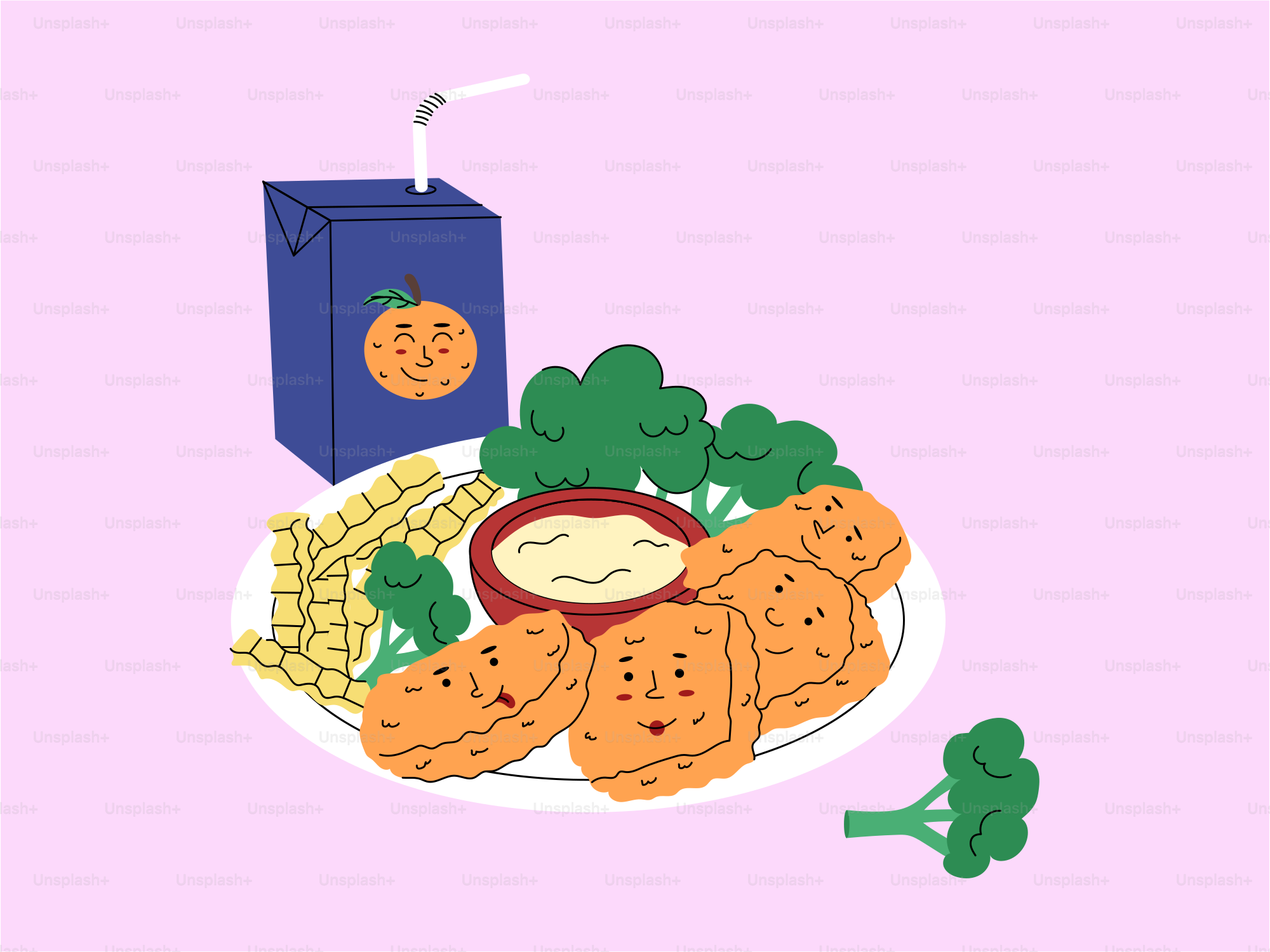 Chicken nuggets with fries, broccoli, and juice